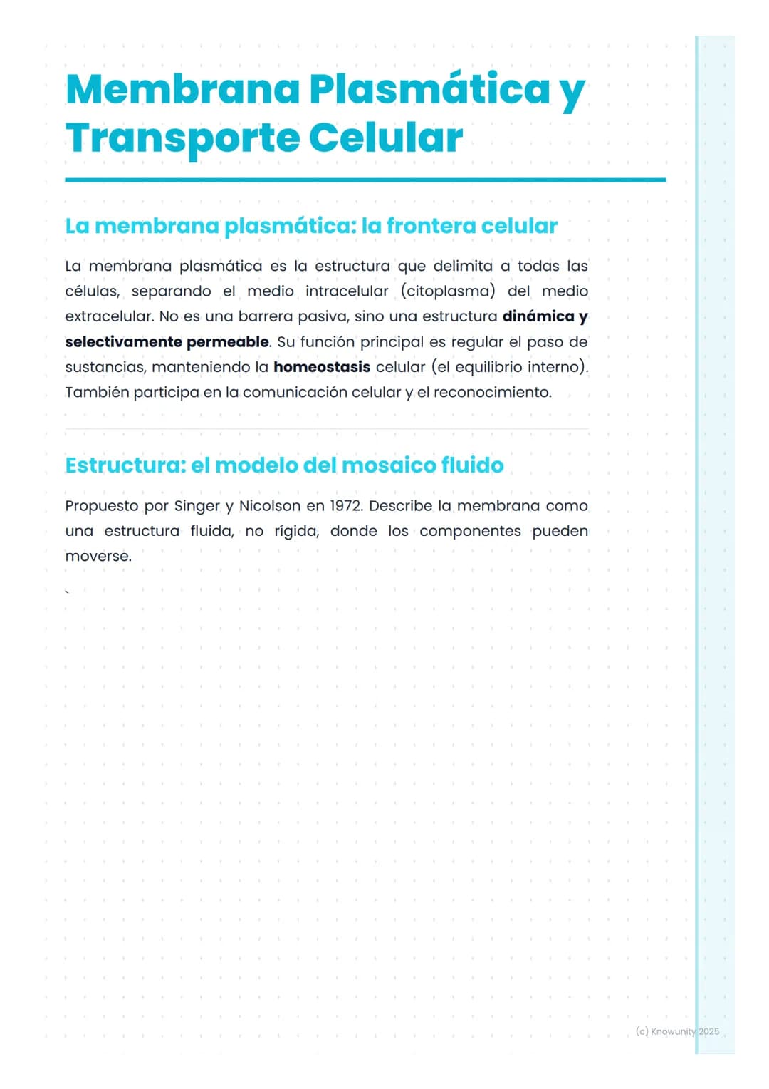 # Membrana Plasmática y
Transporte Celular

La membrana plasmática: la frontera celular

La membrana plasmática es la estructura que delimit
