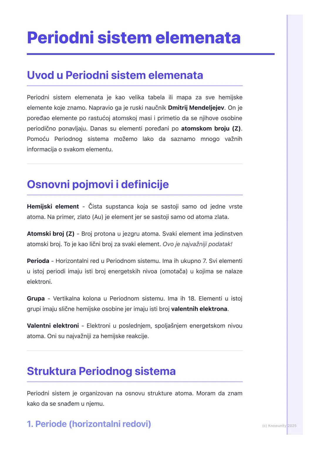 # Periodni sistem elemenata

## Uvod u Periodni sistem elemenata

Periodni sistem elemenata je kao velika tabela ili mapa za sve hemijske
el