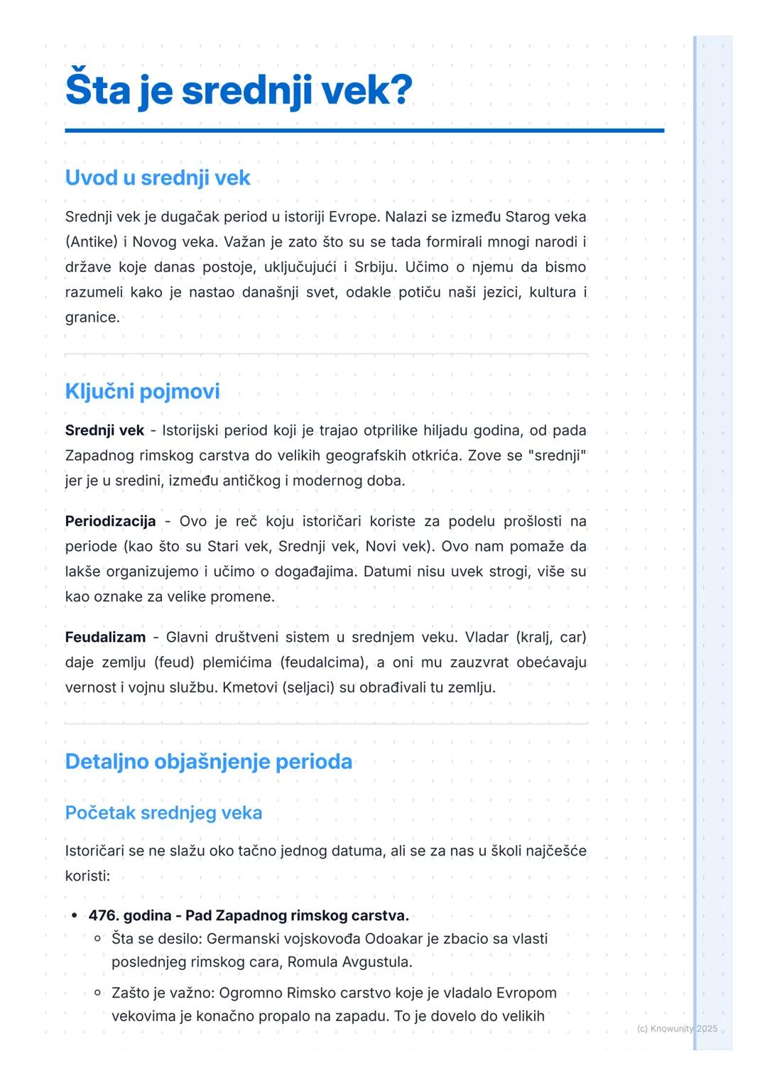 # Šta je srednji vek?

Uvod u srednji vek

Srednji vek je dugačak period u istoriji Evrope. Nalazi se između Starog veka
(Antike) i Novog ve