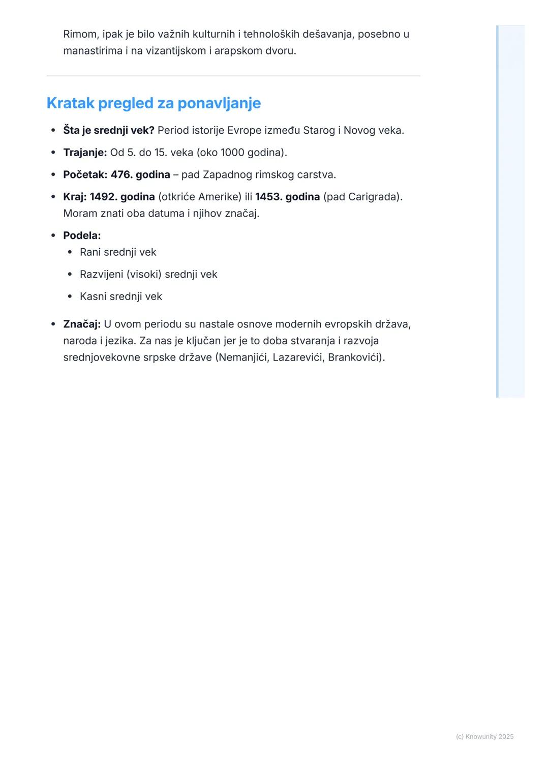 # Šta je srednji vek?

Uvod u srednji vek

Srednji vek je dugačak period u istoriji Evrope. Nalazi se između Starog veka
(Antike) i Novog ve