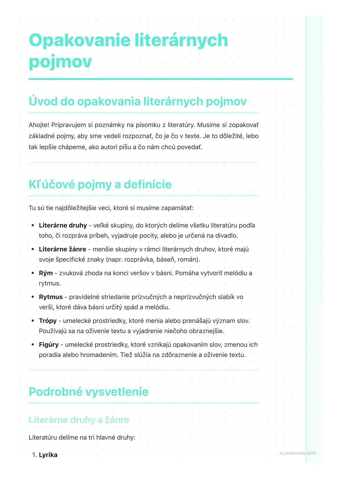 # Opakovanie literárnych
pojmov

Úvod do opakovania literárnych pojmov

Ahojte! Pripravujem si poznámky na písomku z literatúry. Musíme si z