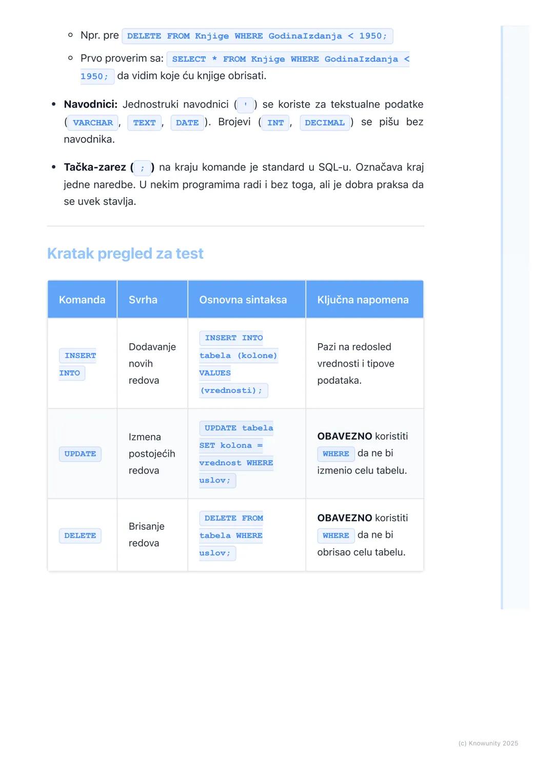 # SQL - upiti za manipulaciju
podacima (INSERT, UPDATE,
DELETE)

Uvod u manipulaciju podacima

Ovo su komande kojima menjamo podatke unutar 