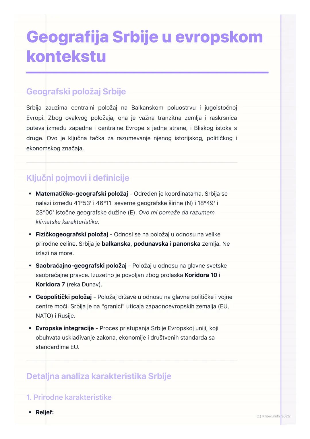 # Geografija Srbije u evropskom
kontekstu

## Geografski položaj Srbije

Srbija zauzima centralni položaj na Balkanskom poluostrvu i jugoist