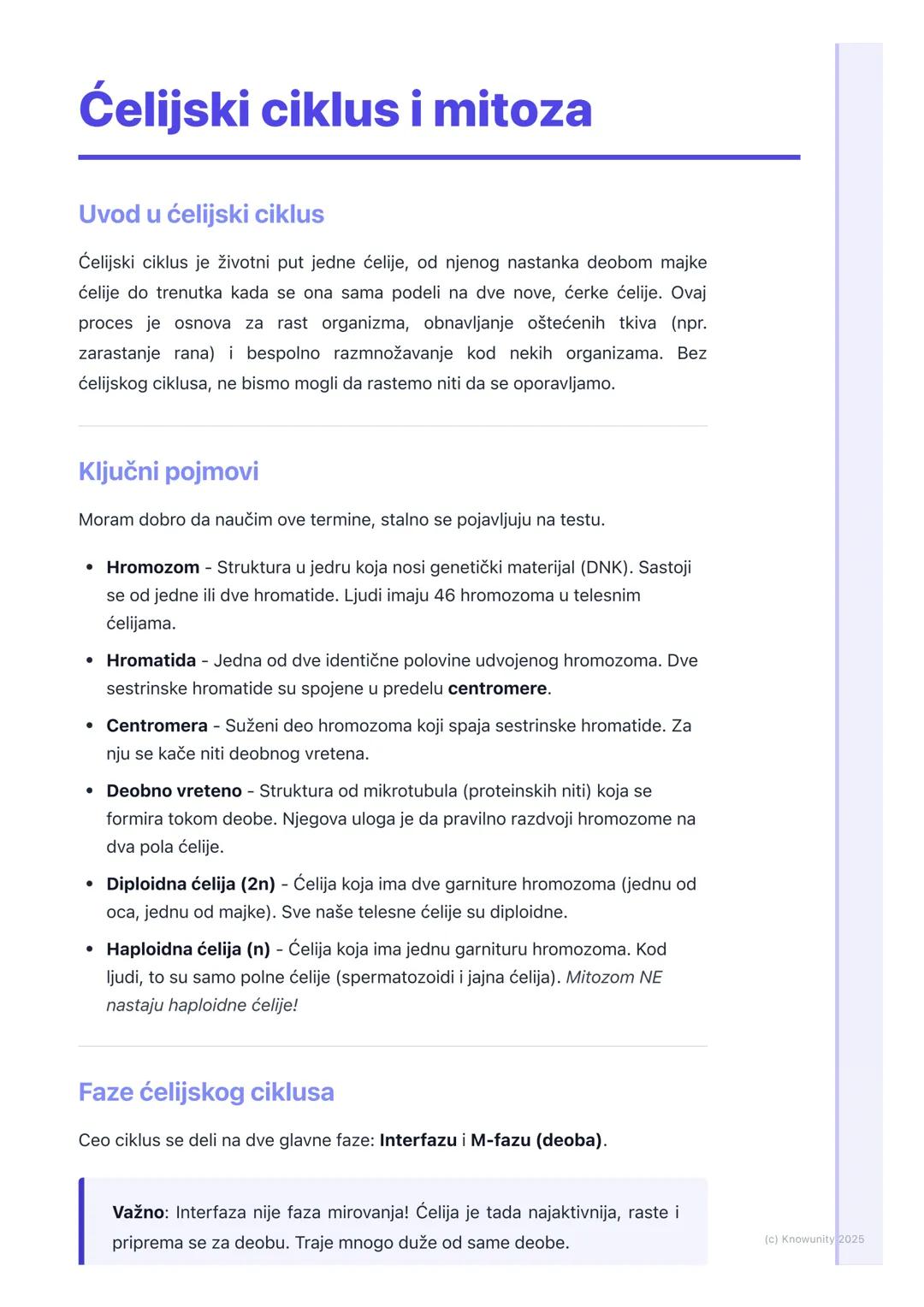 # Ćelijski ciklus i mitoza

Uvod u ćelijski ciklus

Ćelijski ciklus je životni put jedne ćelije, od njenog nastanka deobom majke
ćelije do t