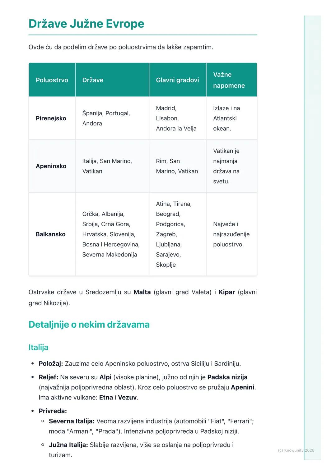 # Južna Evropa

## Opšte karakteristike Južne Evrope

Južna Evropa obuhvata tri velika poluostrva koja zalaze duboko u Sredozemno
more: Pire