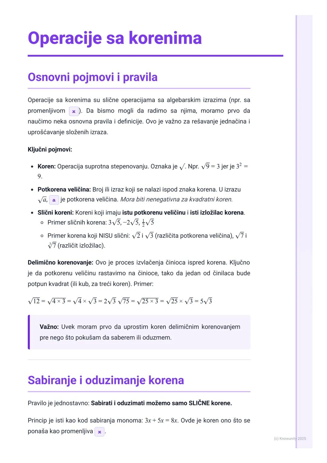 Operacije sa korenima