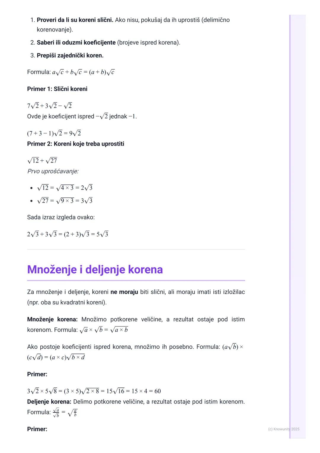 # Operacije sa korenima

Osnovni pojmovi i pravila

Operacije sa korenima su slične operacijama sa algebarskim izrazima (npr. sa
promenljivo