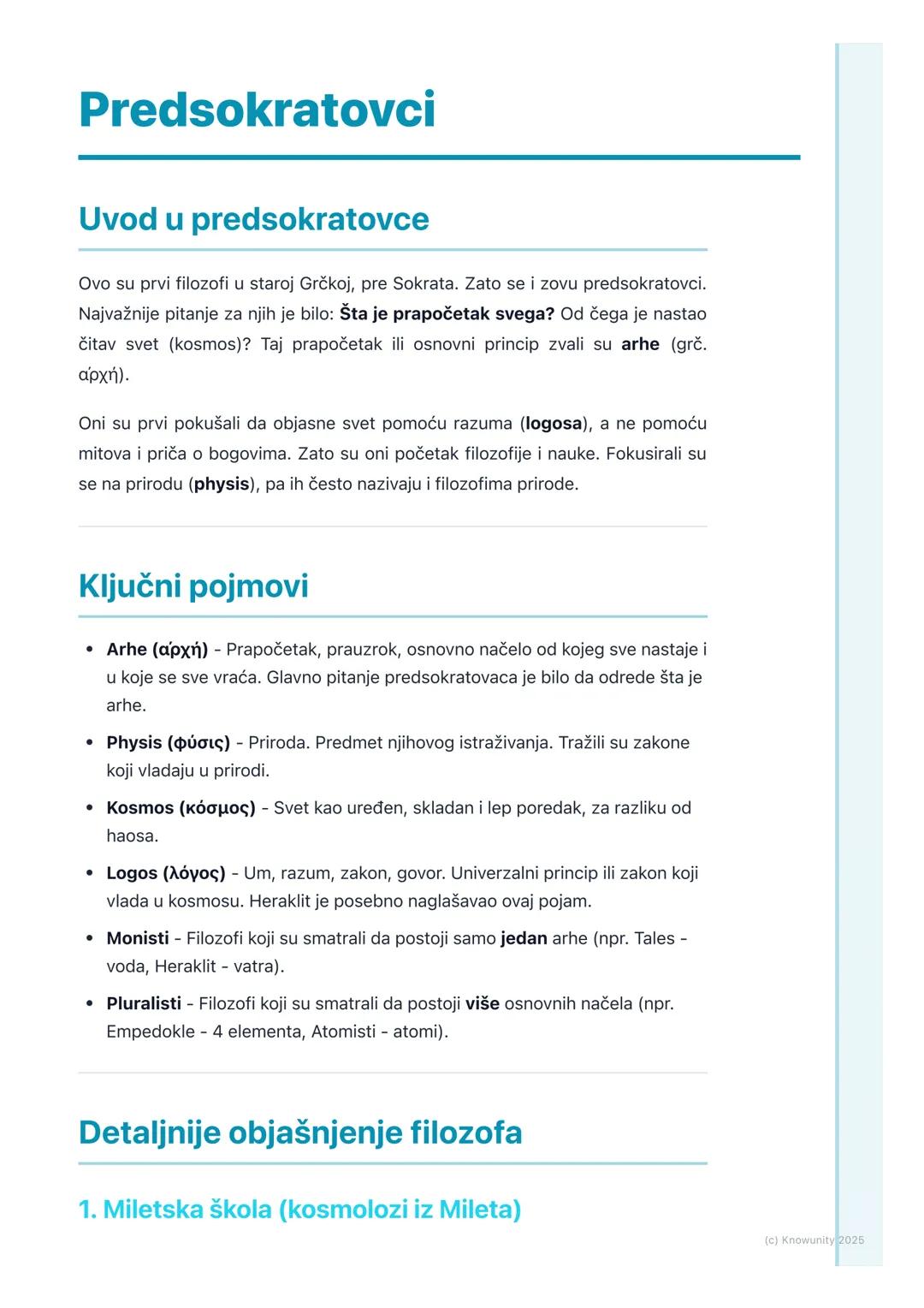 # Predsokratovci

## Uvod u predsokratovce

Ovo su prvi filozofi u staroj Grčkoj, pre Sokrata. Zato se i zovu predsokratovci.
Najvažnije pit