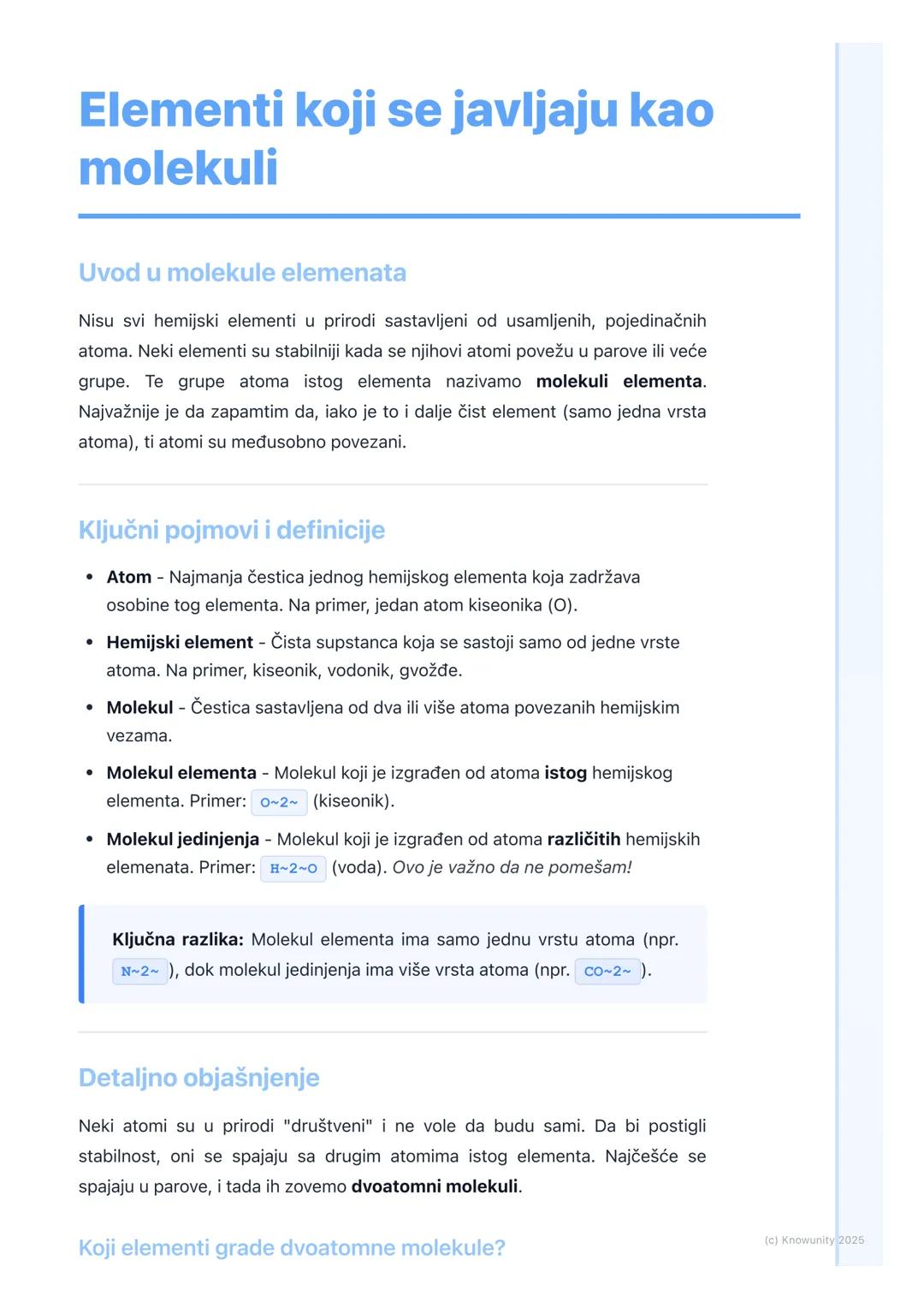 # Elementi koji se javljaju kao
molekuli

Uvod u molekule elemenata

Nisu svi hemijski elementi u prirodi sastavljeni od usamljenih, pojedin