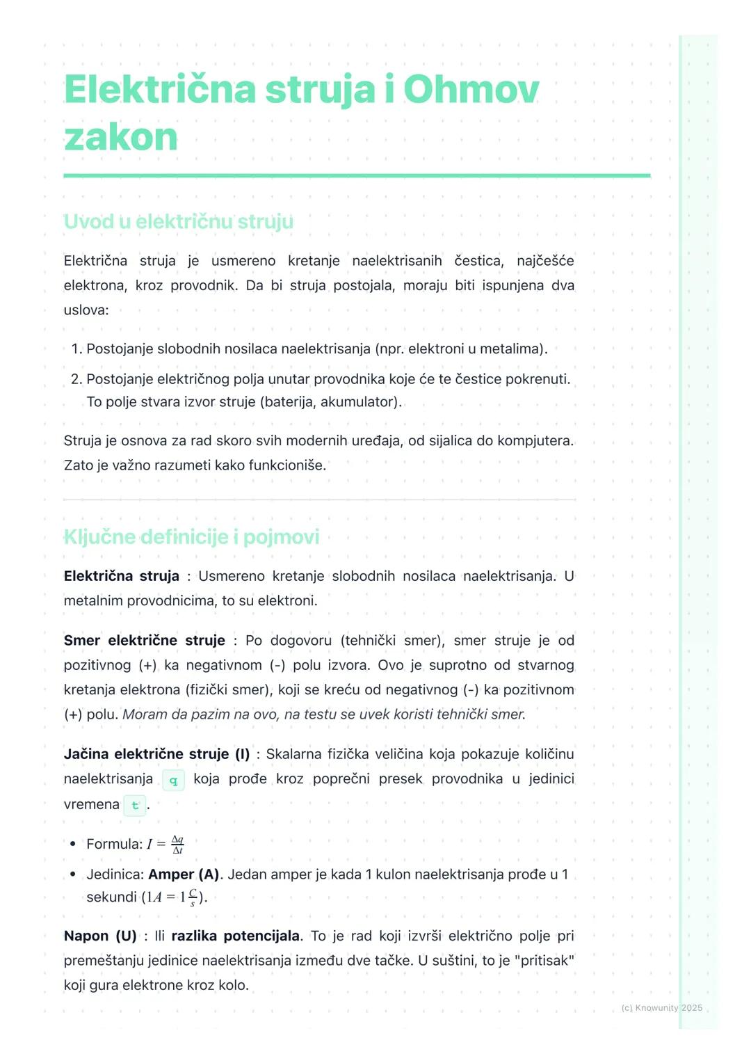 # Električna struja i Ohmov
zakon

Uvod u električnu struju

Električna struja je usmereno kretanje naelektrisanih čestica, najčešće
elektro