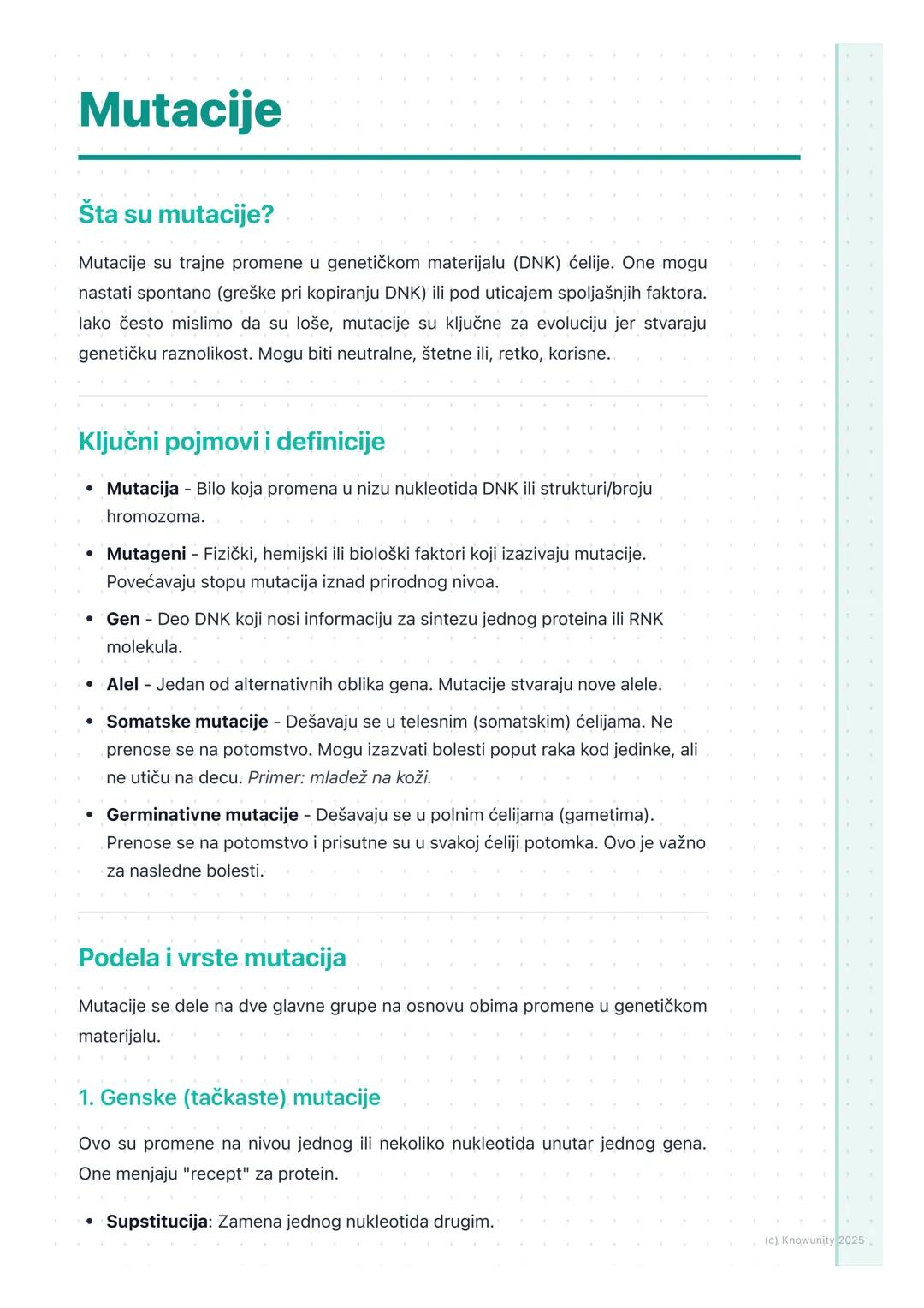 # Mutacije

## Šta su mutacije?

Mutacije su trajne promene u genetičkom materijalu (DNK) ćelije. One mogu
nastati spontano (greške pri kopi