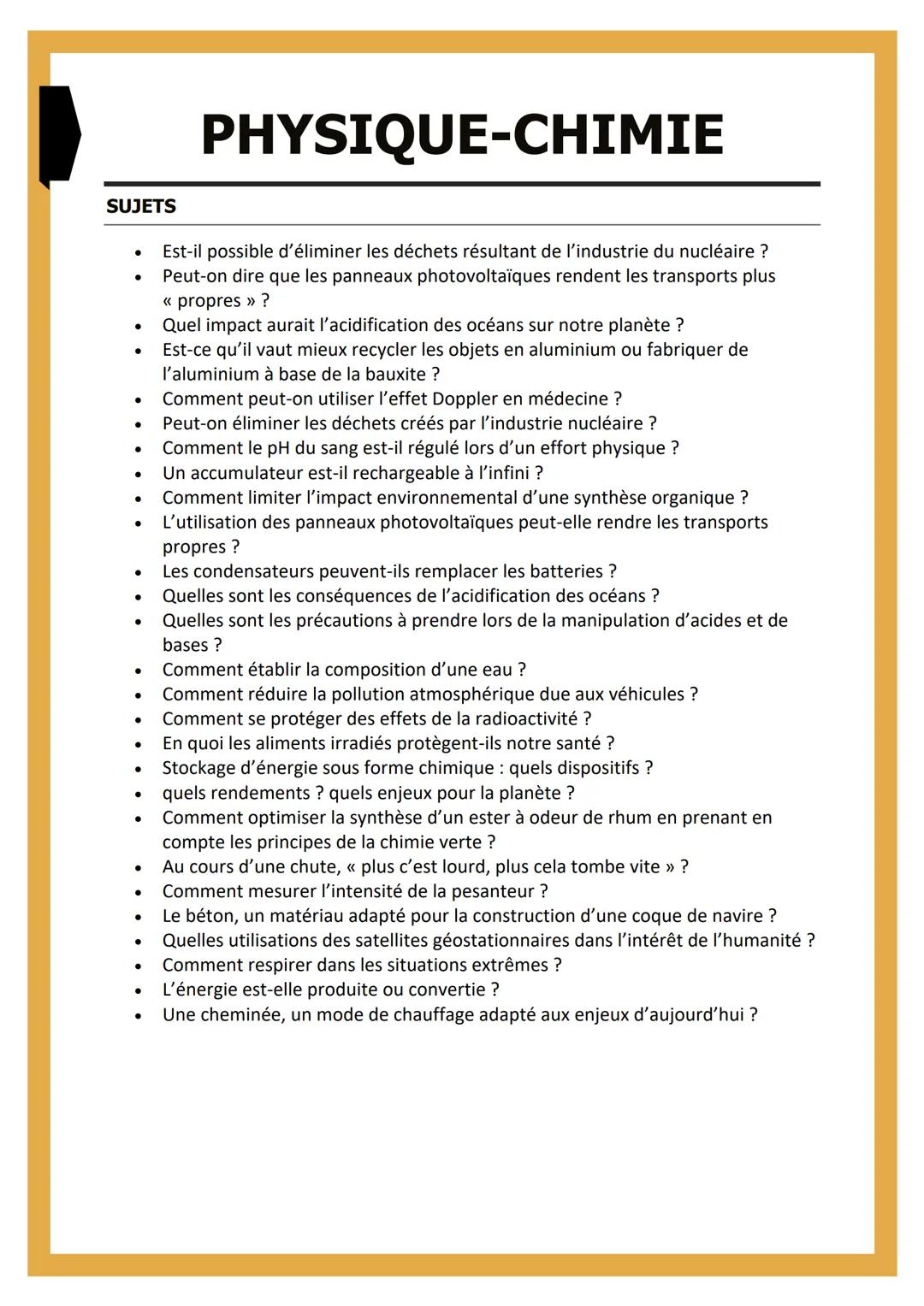 # PHYSIQUE-CHIMIE

SUJETS

- Est-il possible d'éliminer les déchets résultant de l'industrie du nucléaire ?
- Peut-on dire que les panneaux 