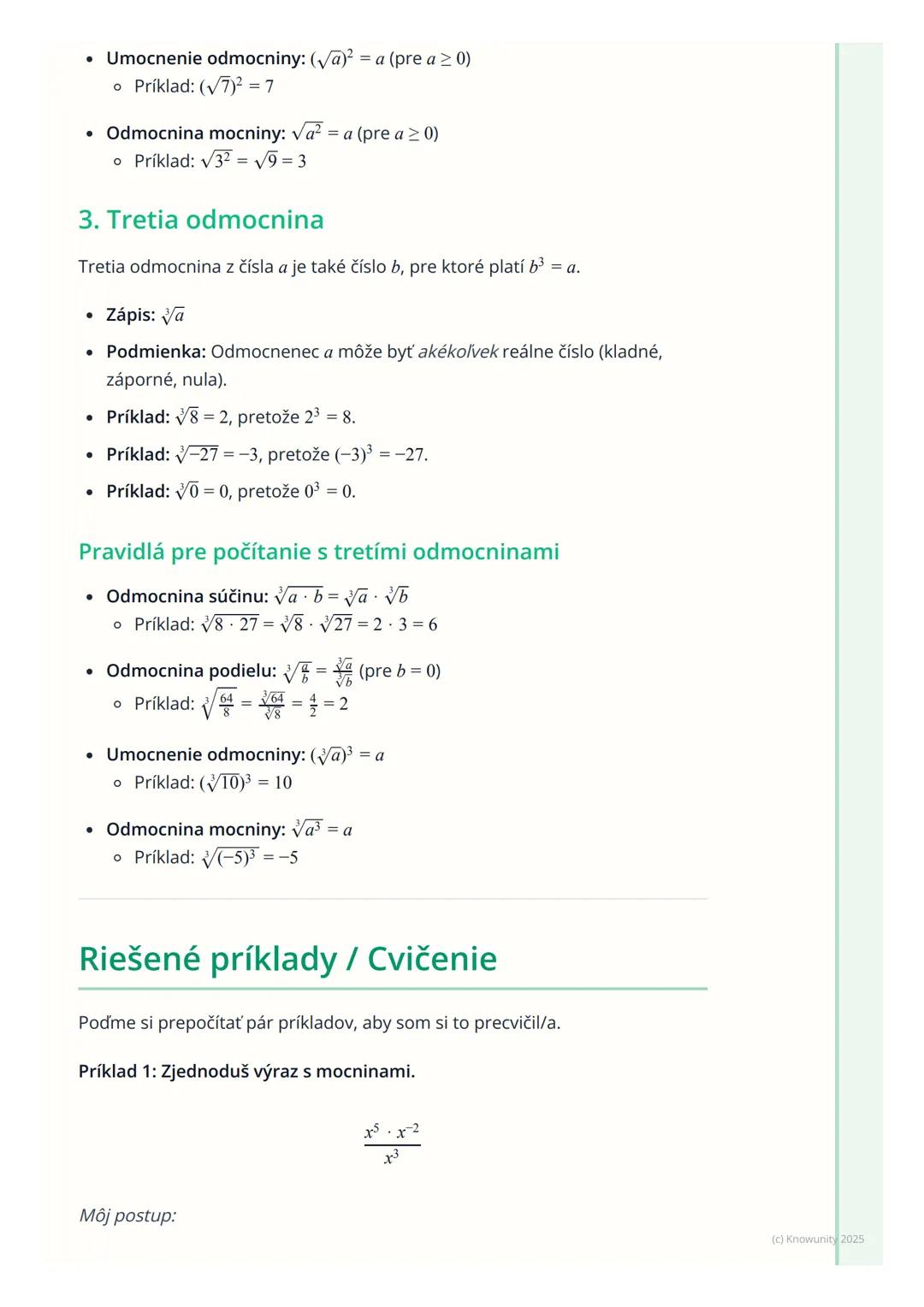 # Mocniny a odmocniny

Prehľad / Úvod

Dnes si zopakujeme mocniny a odmocniny. Je to dôležitá časť matematiky,
ktorú budeme potrebovať pri r