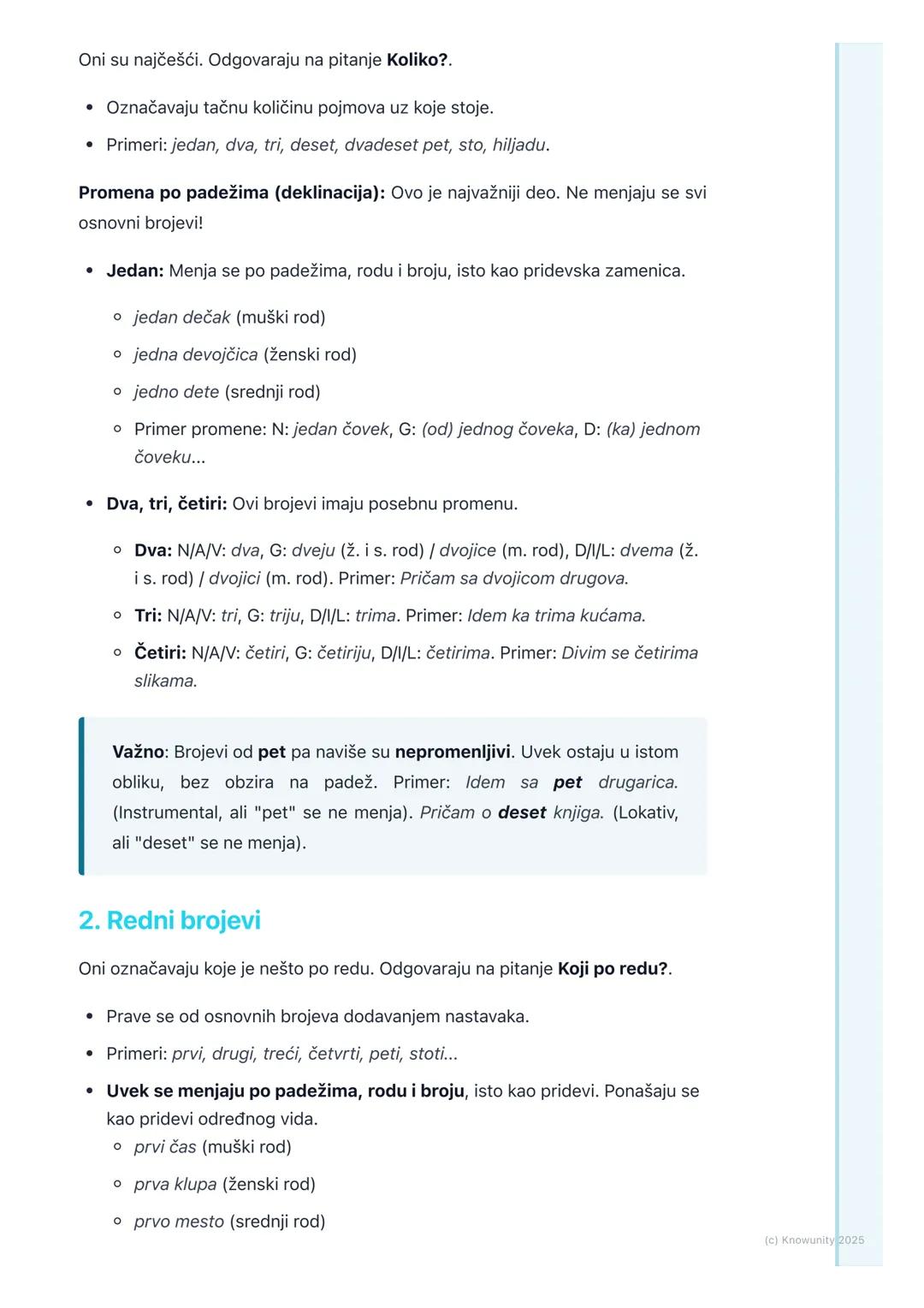 # Brojevi

## Šta su brojevi?

Brojevi su promenljiva vrsta reči. Oni označavaju koliko ima nečega (količinu) ili
koje je nešto po redu. U r