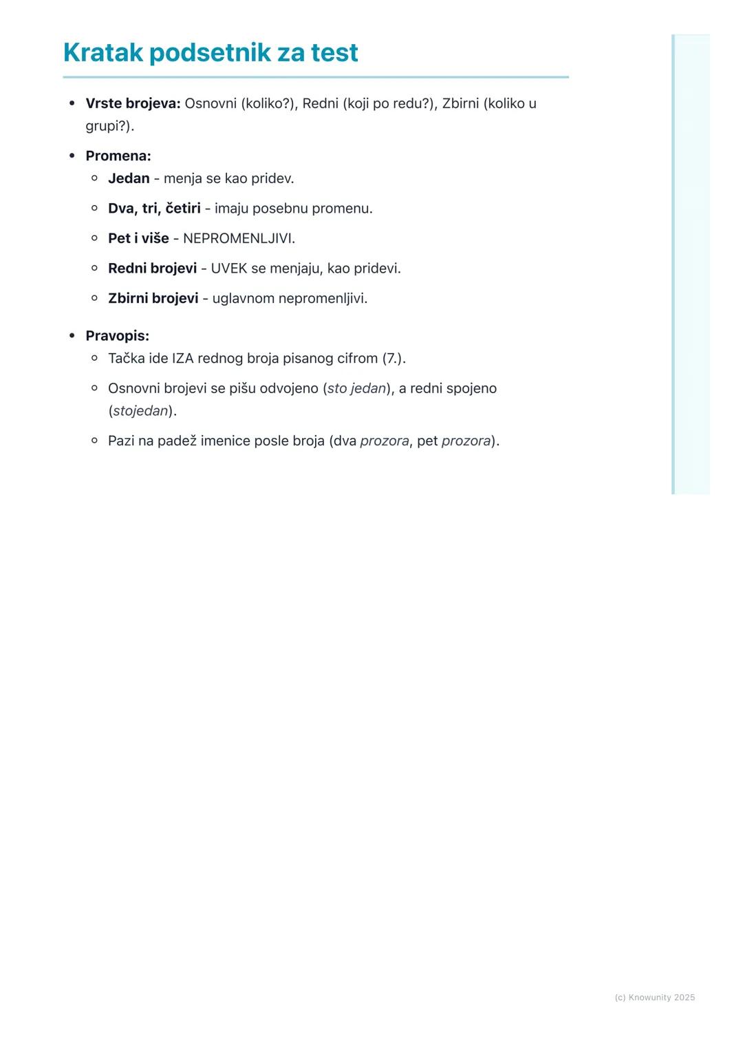 # Brojevi

## Šta su brojevi?

Brojevi su promenljiva vrsta reči. Oni označavaju koliko ima nečega (količinu) ili
koje je nešto po redu. U r