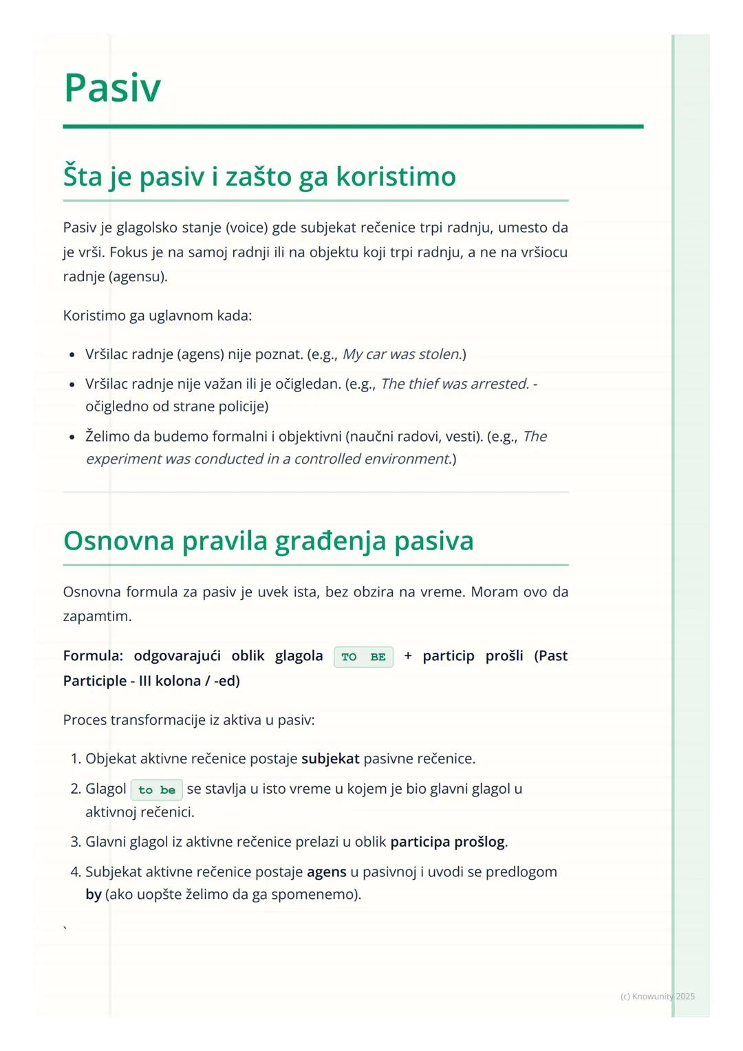 # Pasiv

Šta je pasiv i zašto ga koristimo

Pasiv je glagolsko stanje (voice) gde subjekat rečenice trpi radnju, umesto da
je vrši. Fokus je