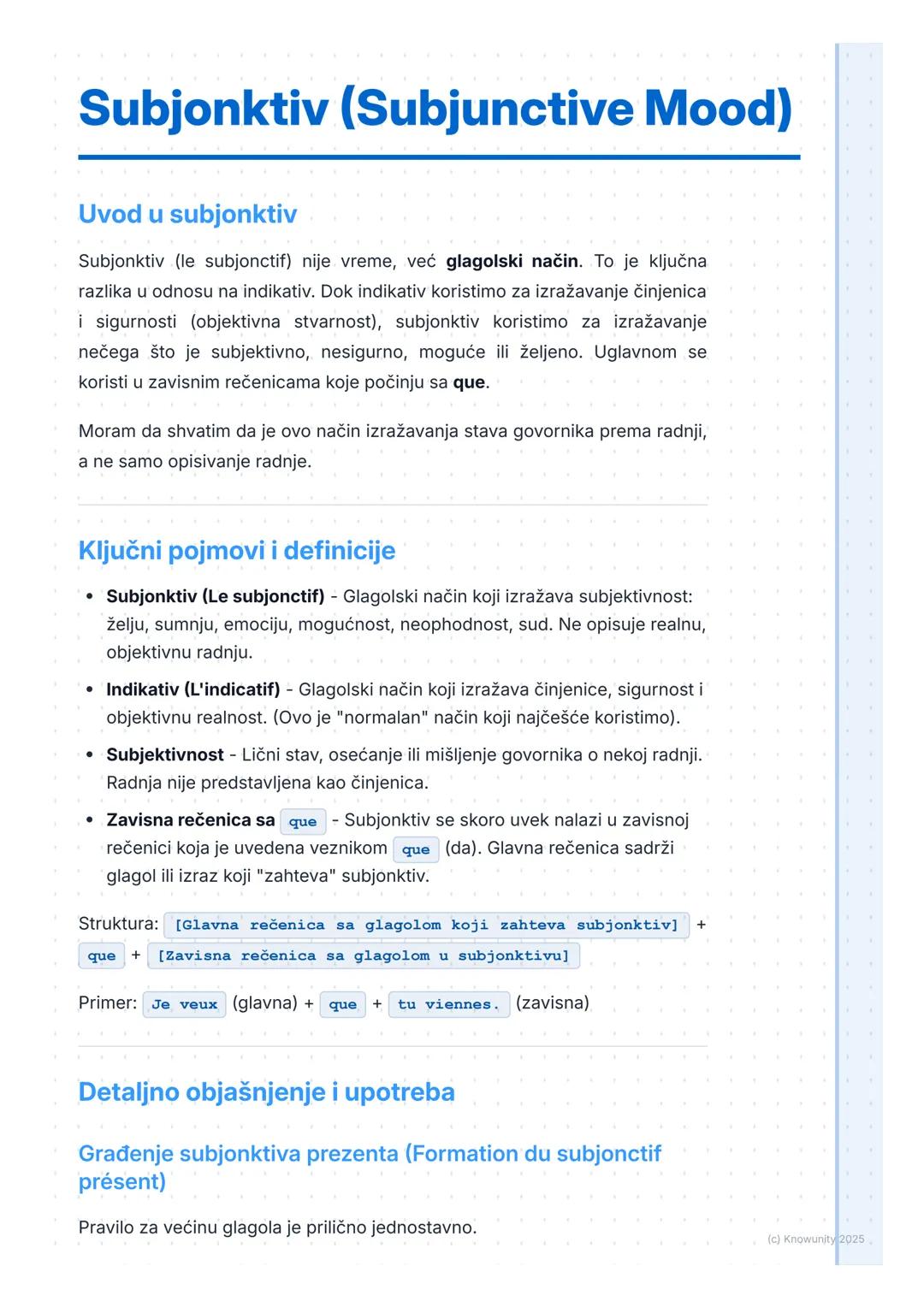 # Subjonktiv (Subjunctive Mood)

Uvod u subjonktiv

Subjonktiv (le subjonctif) nije vreme, već glagolski način. To je ključna
razlika u odno