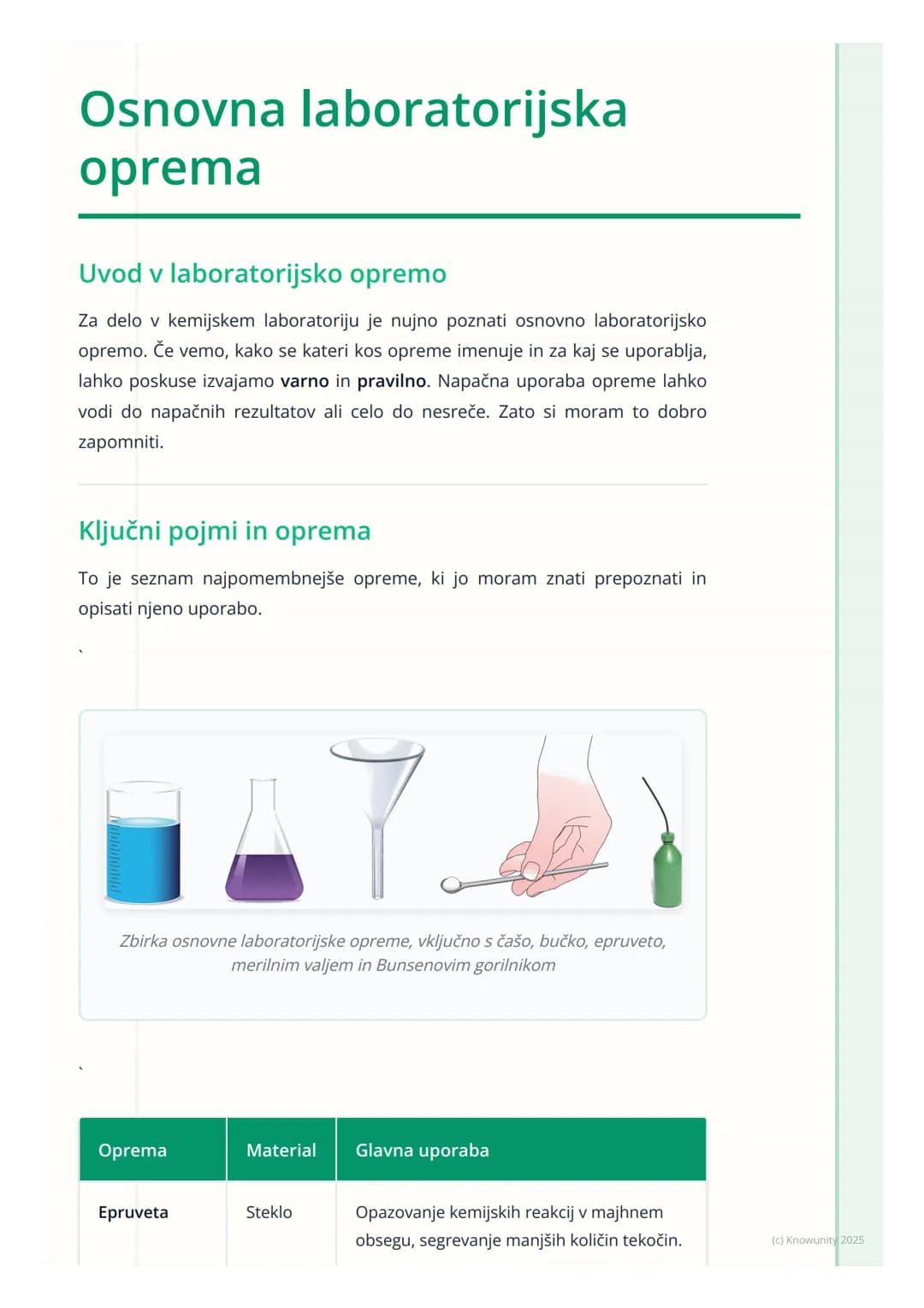 # Osnovna laboratorijska
oprema

Uvod v laboratorijsko opremo

Za delo v kemijskem laboratoriju je nujno poznati osnovno laboratorijsko
opre