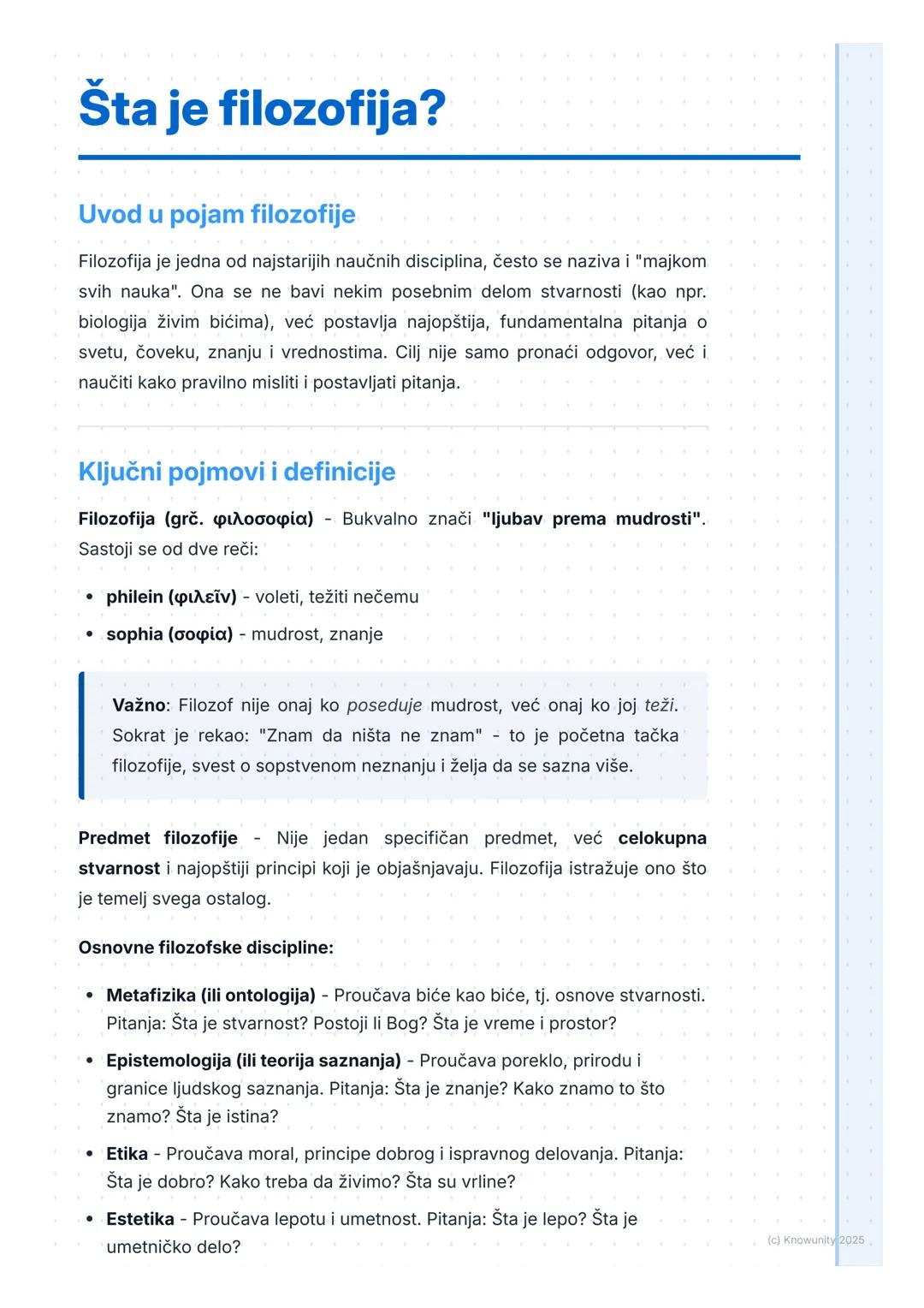 # Šta je filozofija?

Uvod u pojam filozofije

Filozofija je jedna od najstarijih naučnih disciplina, često se naziva i "majkom
svih nauka".