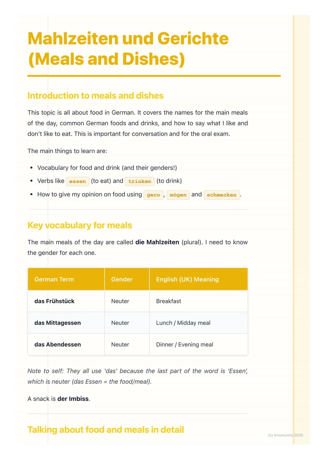 # Mahlzeiten und Gerichte
(Meals and Dishes)

Introduction to meals and dishes

This topic is all about food in German. It covers the names 