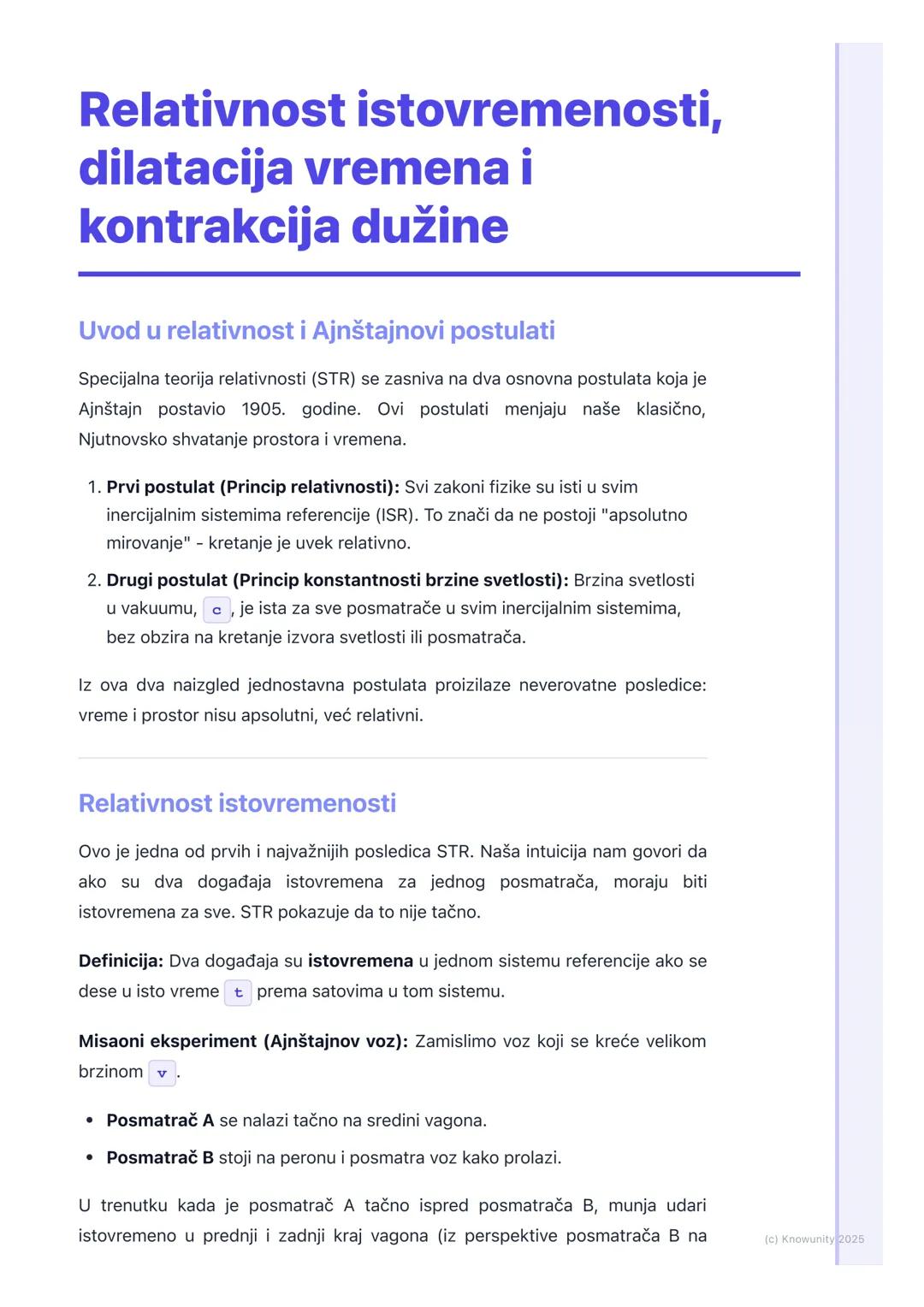 # Relativnost istovremenosti,
dilatacija vremena i
kontrakcija dužine

Uvod u relativnost i Ajnštajnovi postulati

Specijalna teorija relati
