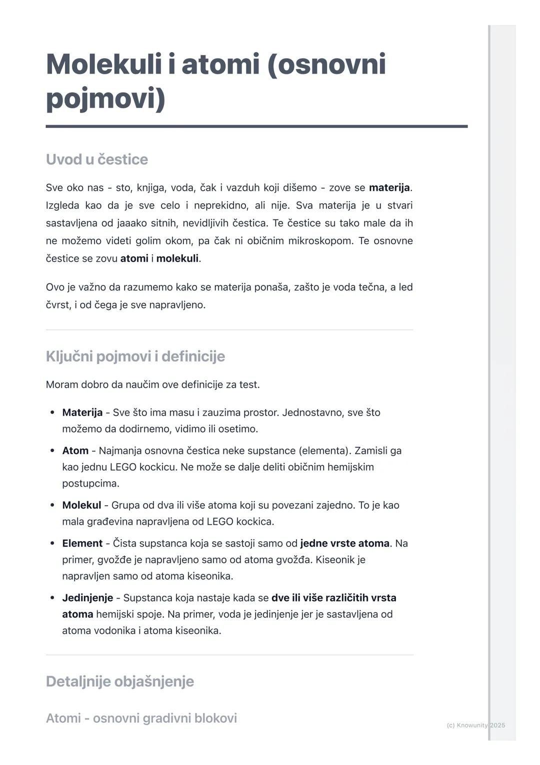 # Molekuli i atomi (osnovni
pojmovi)

Uvod u čestice

Sve oko nas sto, knjiga, voda, čak i vazduh koji dišemo zove se materija.
Izgleda kao 