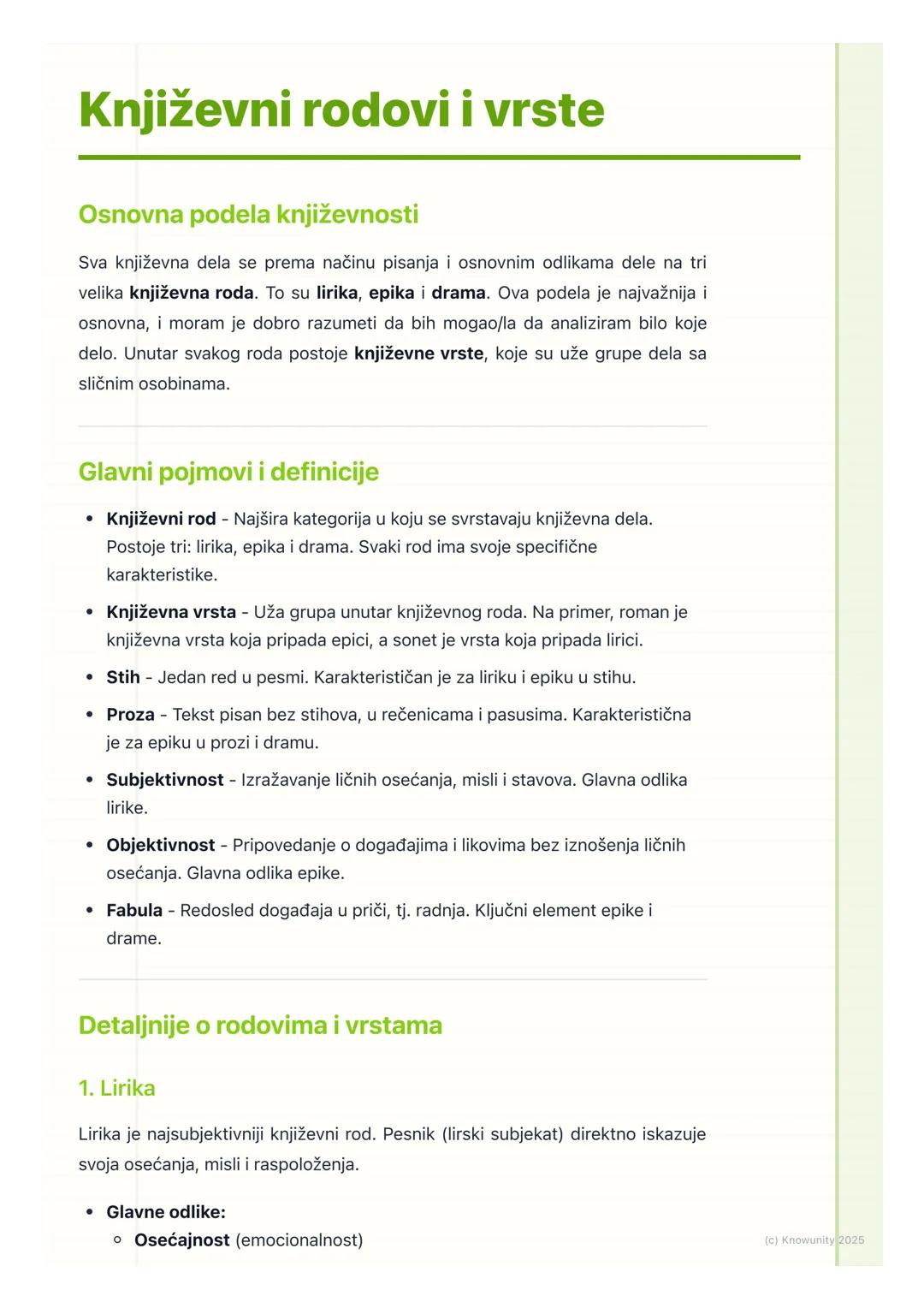 # Književni rodovi i vrste

Osnovna podela književnosti

Sva književna dela se prema načinu pisanja i osnovnim odlikama dele na tri
velika k
