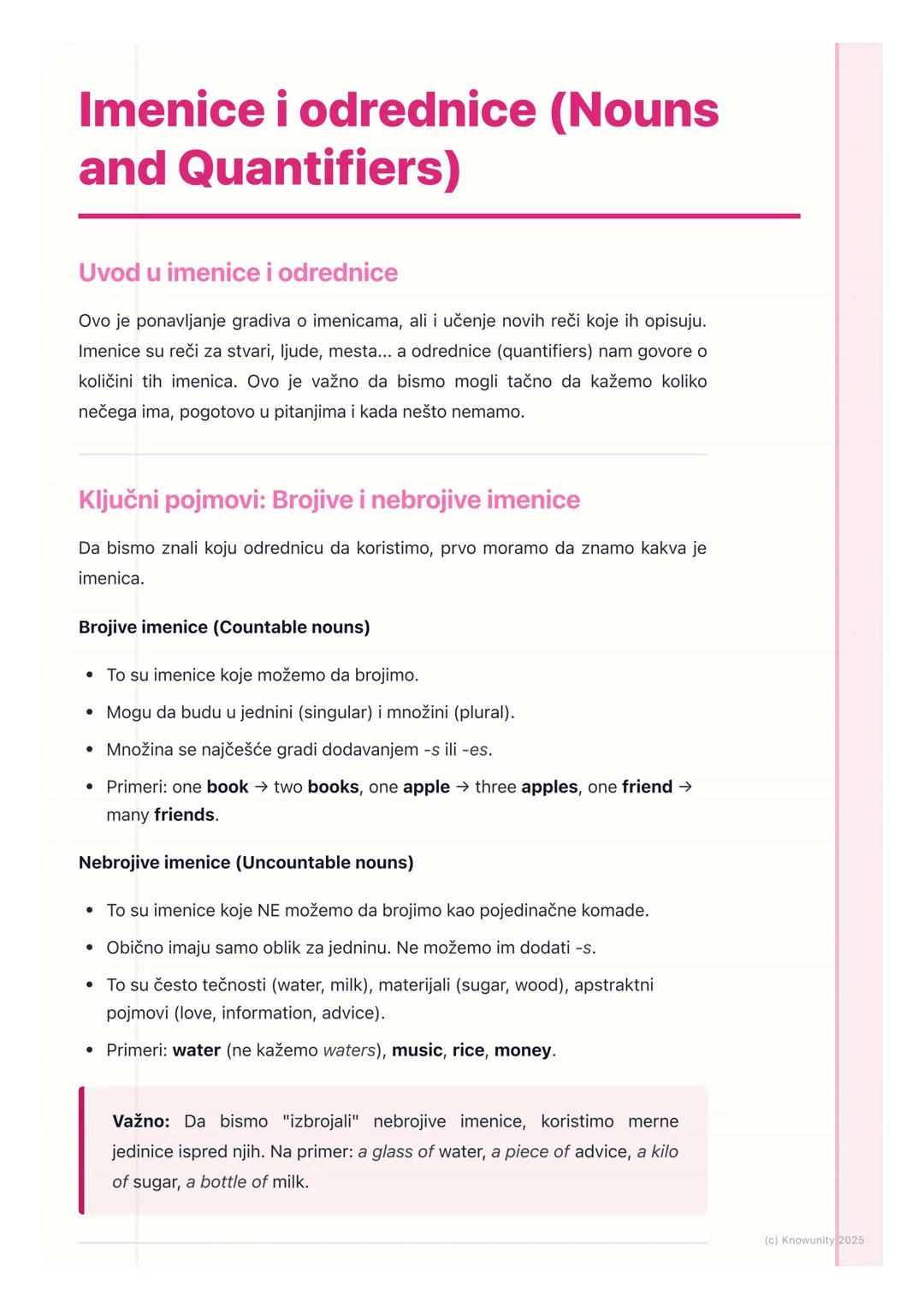# Imenice i odrednice (Nouns
and Quantifiers)

Uvod u imenice i odrednice

Ovo je ponavljanje gradiva o imenicama, ali i učenje novih reči k