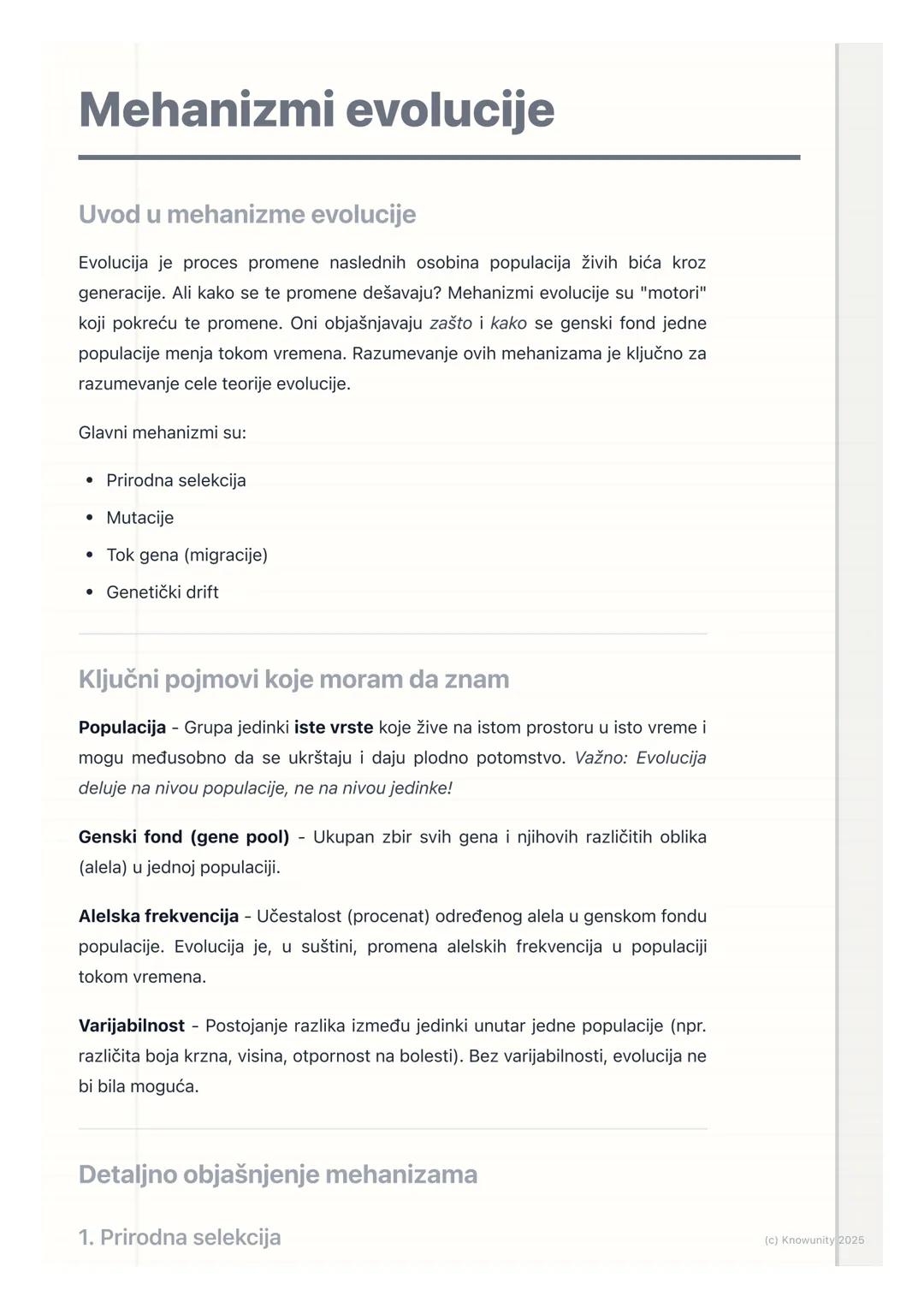 # Mehanizmi evolucije

Uvod u mehanizme evolucije

Evolucija je proces promene naslednih osobina populacija živih bića kroz
generacije. Ali 