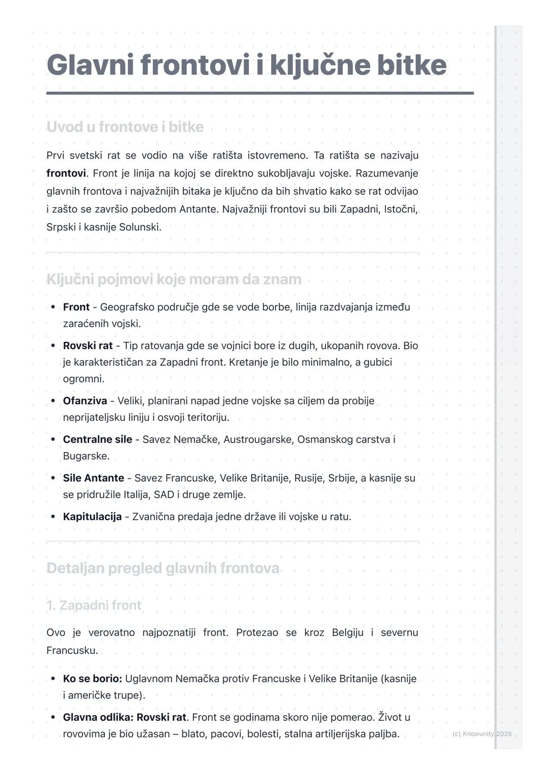 # Glavni frontovi i ključne bitke

Uvod u frontove i bitke

Prvi svetski rat se vodio na više ratišta istovremeno. Ta ratišta se nazivaju
fr