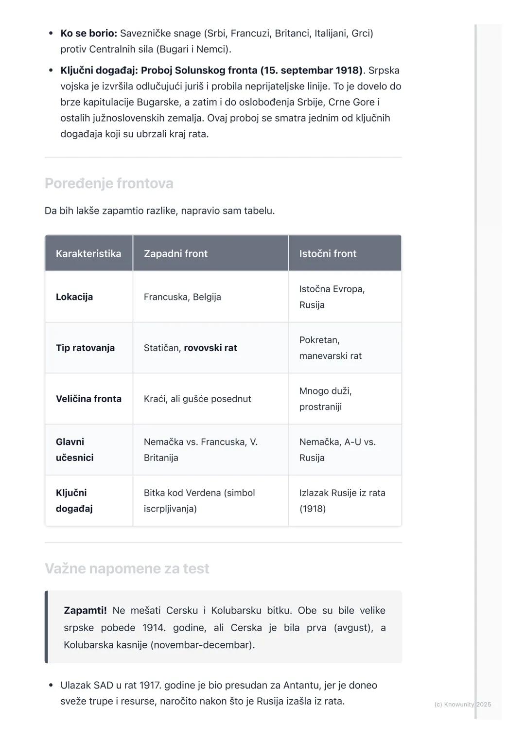 # Glavni frontovi i ključne bitke

Uvod u frontove i bitke

Prvi svetski rat se vodio na više ratišta istovremeno. Ta ratišta se nazivaju
fr