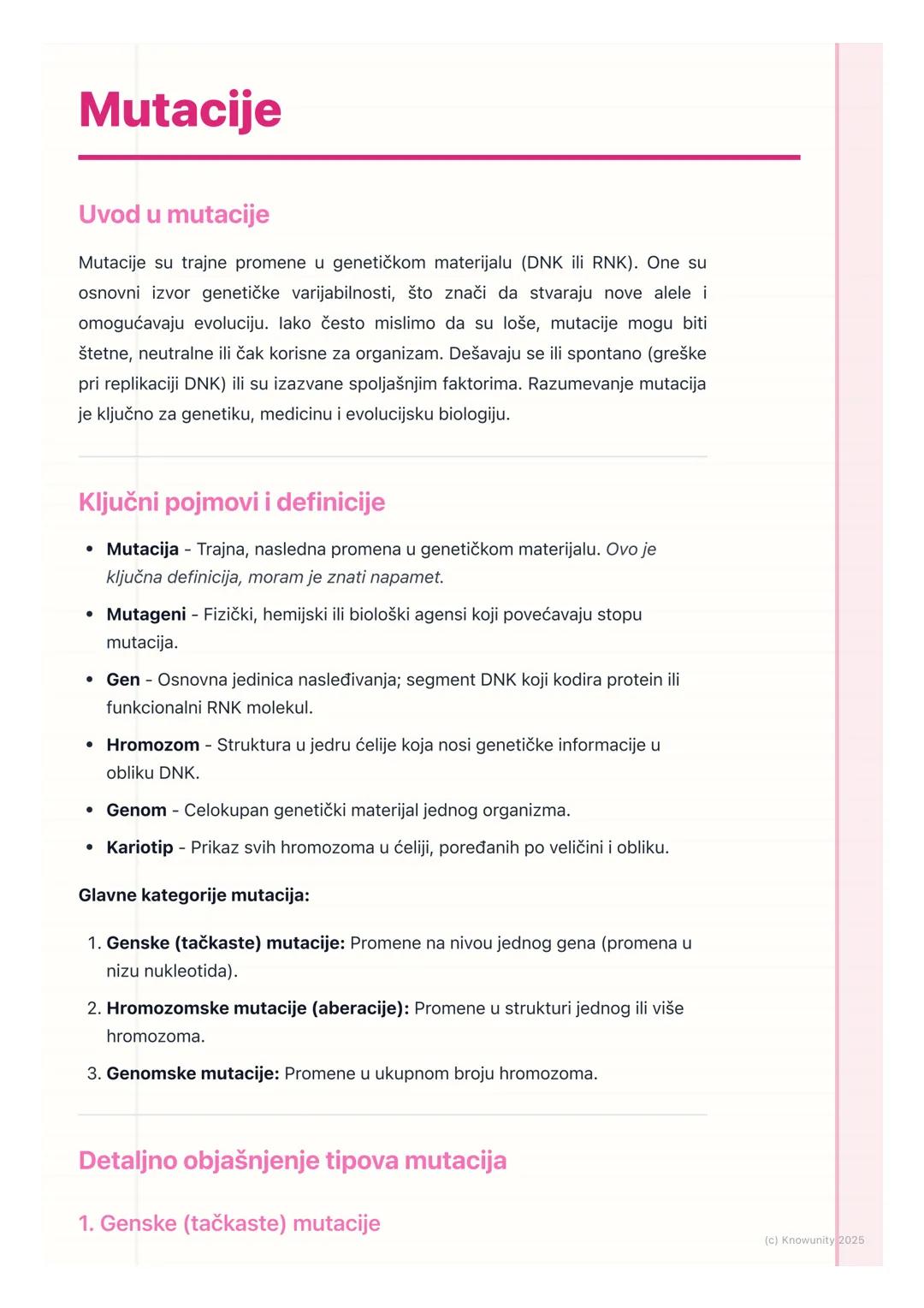 # Mutacije

Uvod u mutacije

Mutacije su trajne promene u genetičkom materijalu (DNK ili RNK). One su
osnovni izvor genetičke varijabilnosti