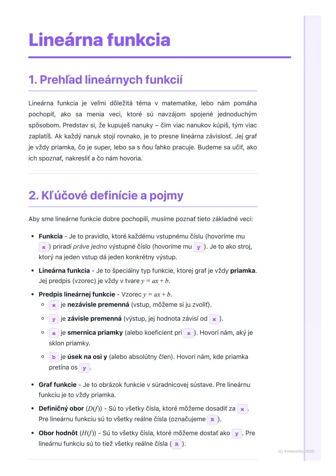 # Lineárna funkcia

1. Prehľad lineárnych funkcií

Lineárna funkcia je veľmi dôležitá téma v matematike, lebo nám pomáha
pochopiť, ako sa me