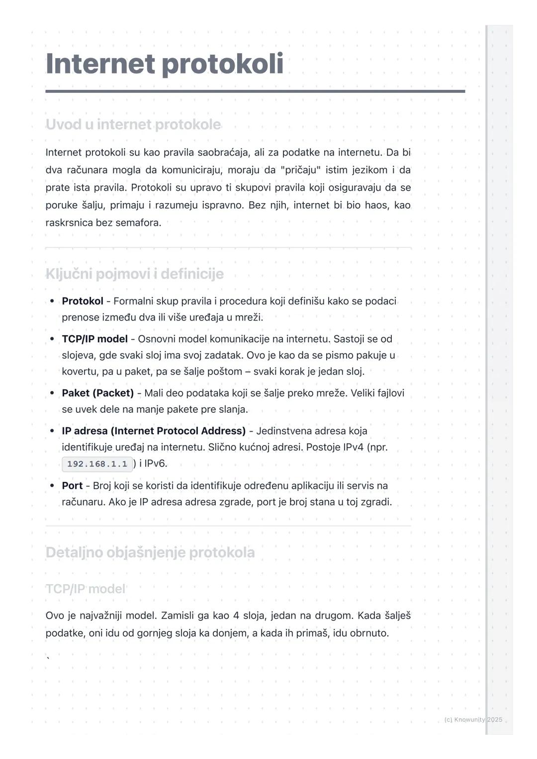 # Internet protokoli

Uvod u internet protokole

Internet protokoli su kao pravila saobraćaja, ali za podatke na internetu. Da bi
dva računa