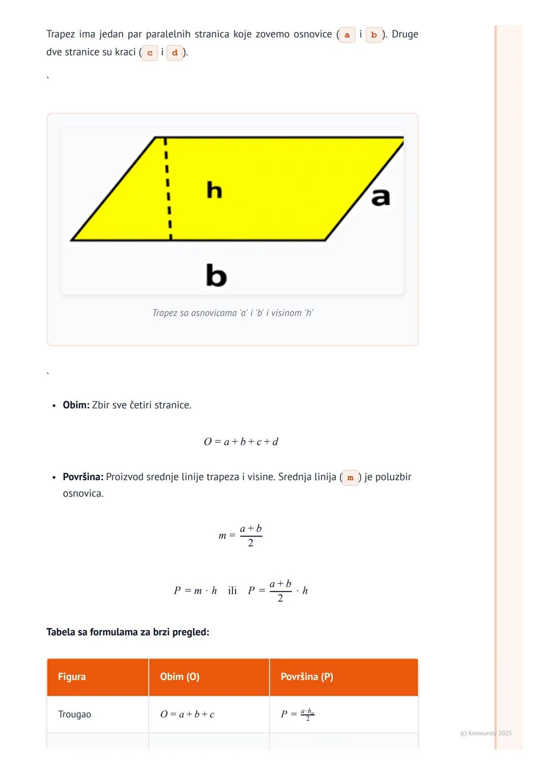# Obim i površina trougla i
četvorougla

Uvod i podsećanje

Obim i površina su osnovne veličine za opisivanje geometrijskih figura. Obim je 