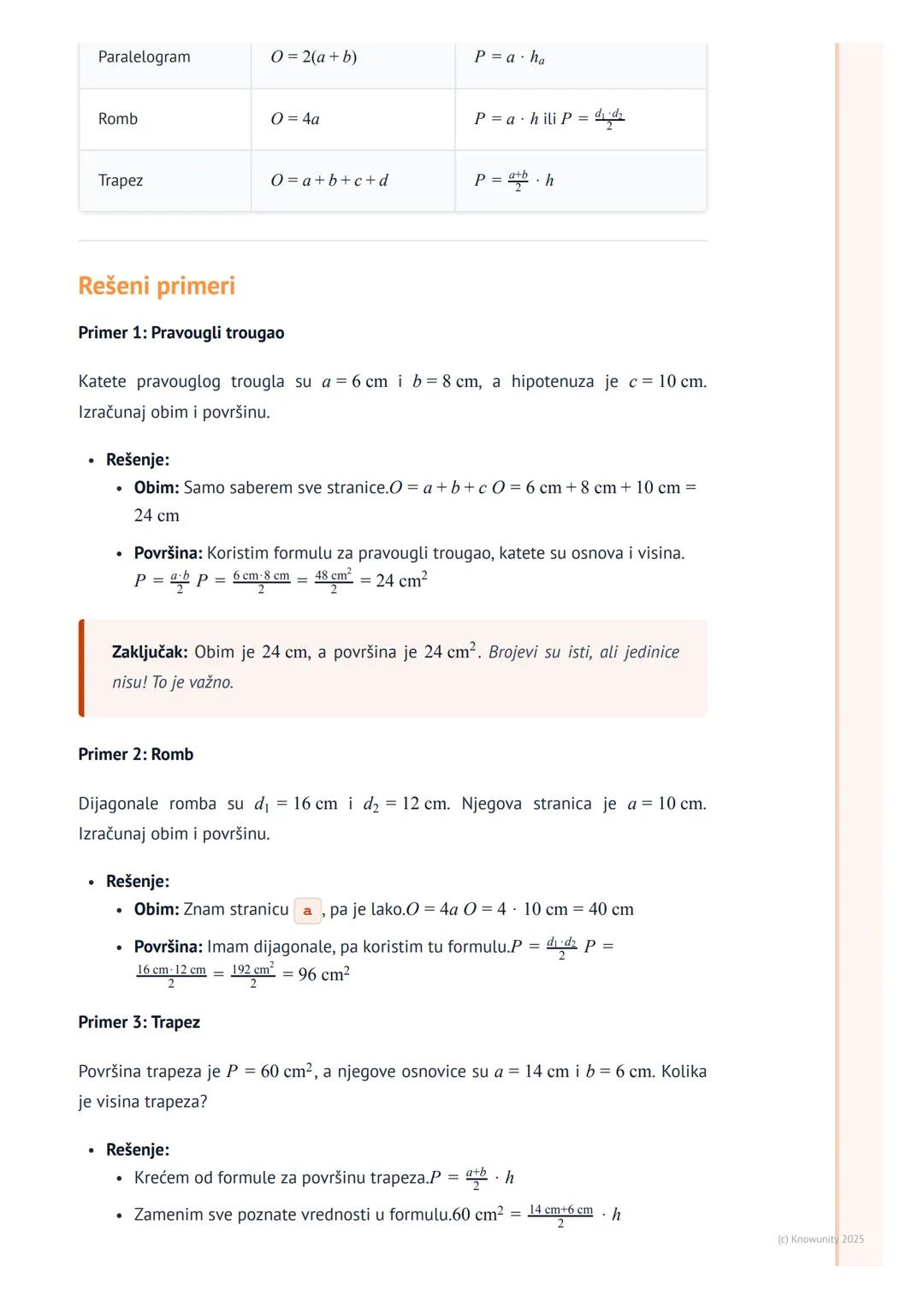 # Obim i površina trougla i
četvorougla

Uvod i podsećanje

Obim i površina su osnovne veličine za opisivanje geometrijskih figura. Obim je 