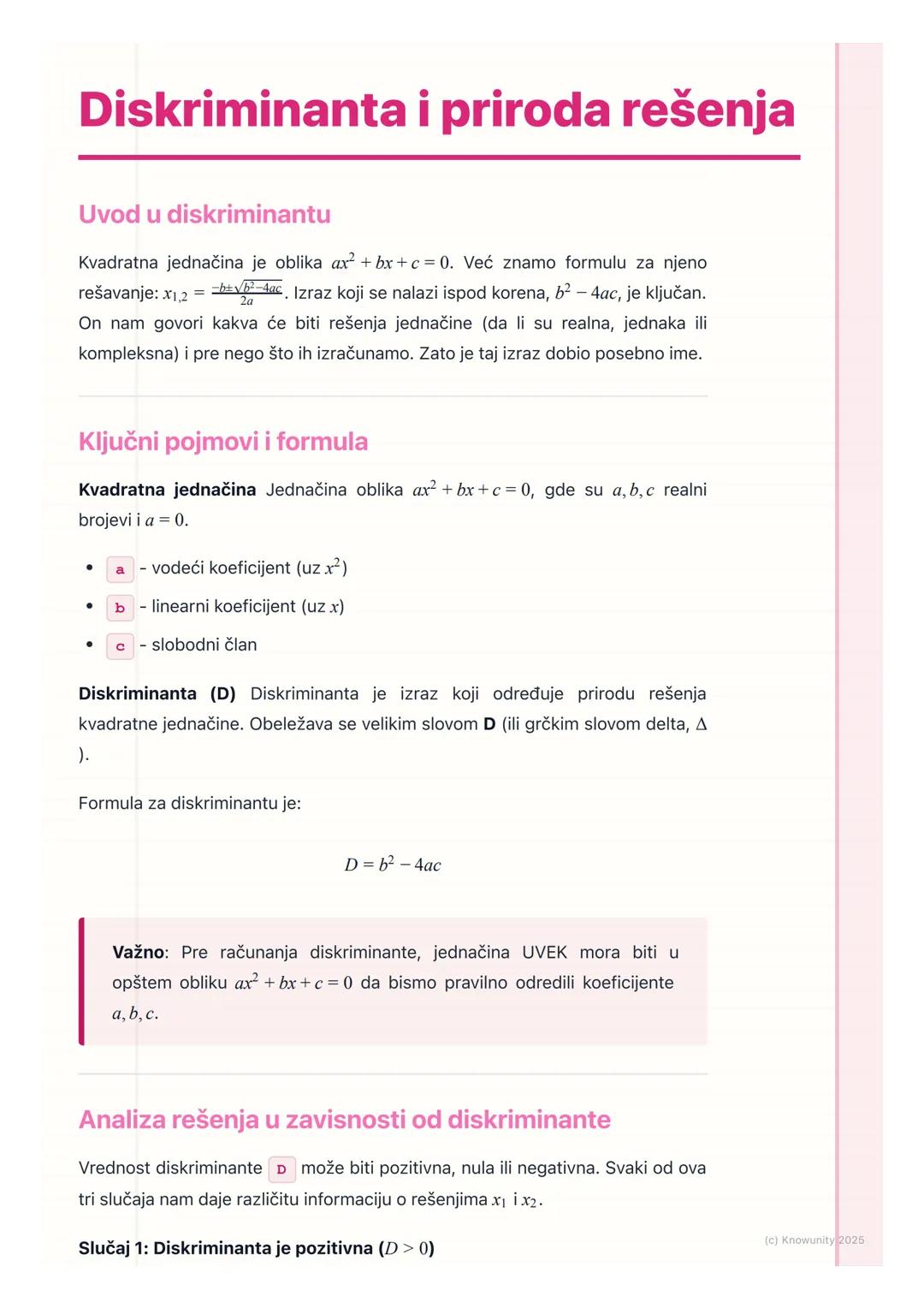 Diskriminanta i priroda rešenja