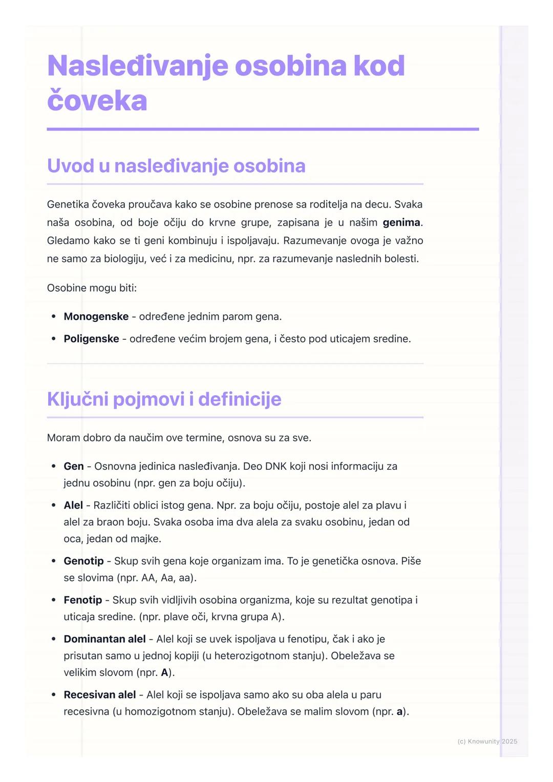 # Nasleđivanje osobina kod
čoveka

Uvod u nasleđivanje osobina

Genetika čoveka proučava kako se osobine prenose sa roditelja na decu. Svaka