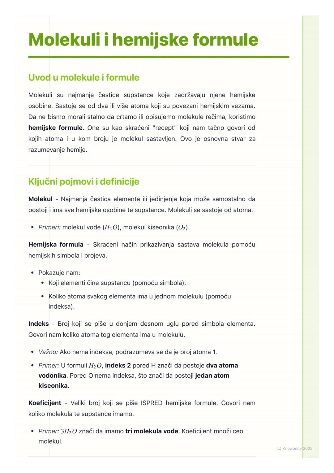 # Molekuli i hemijske formule

Uvod u molekule i formule

Molekuli su najmanje čestice supstance koje zadržavaju njene hemijske
osobine. Sas