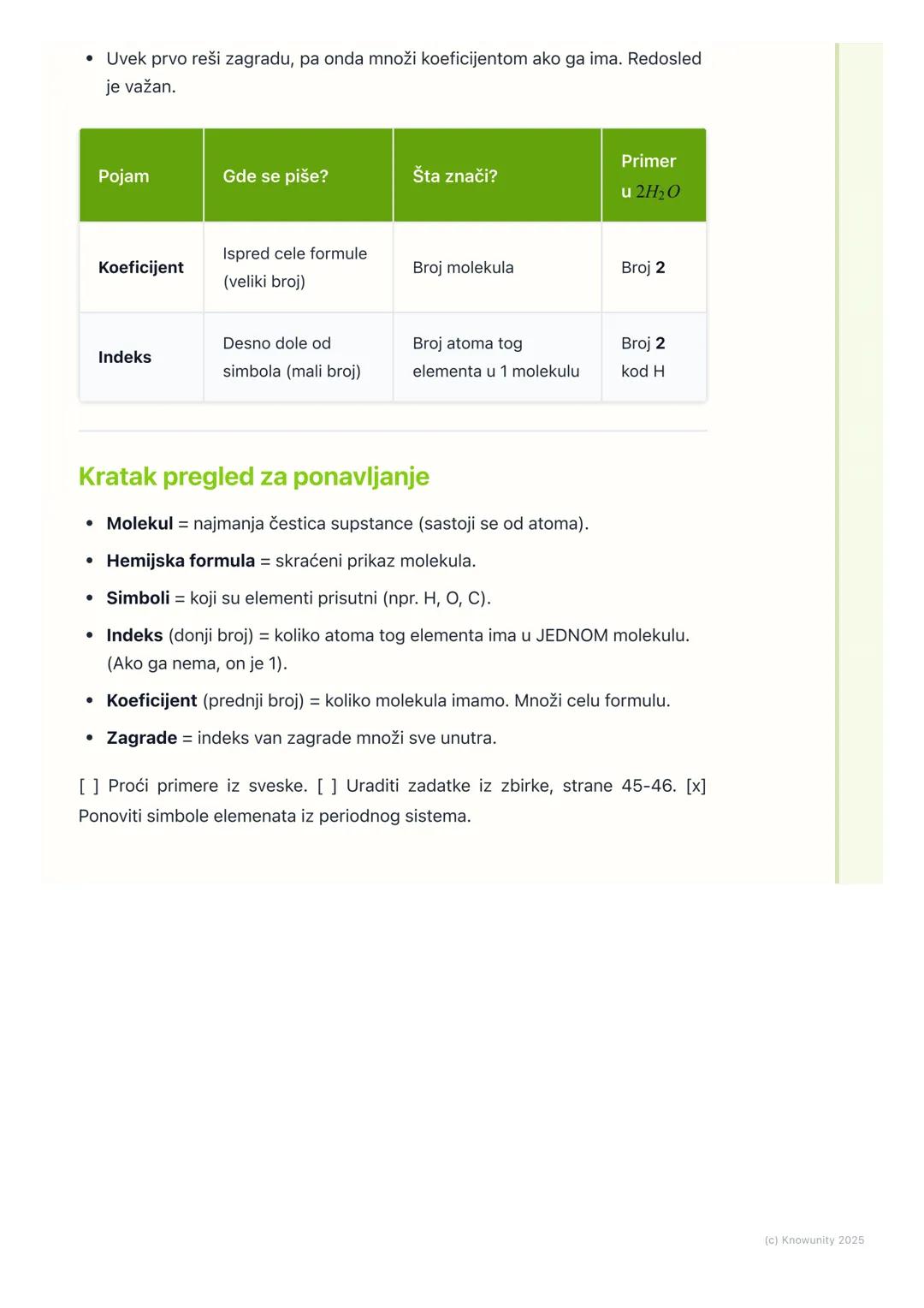 # Molekuli i hemijske formule

Uvod u molekule i formule

Molekuli su najmanje čestice supstance koje zadržavaju njene hemijske
osobine. Sas