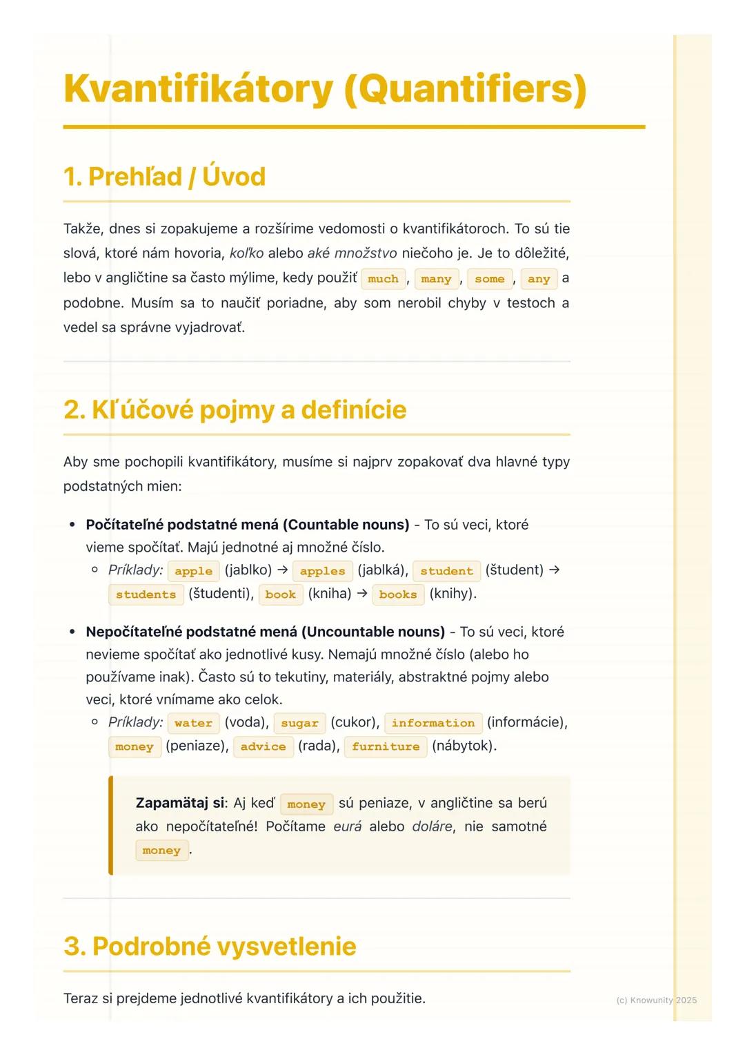 # Kvantifikátory (Quantifiers)

1. Prehľad / Úvod

Takže, dnes si zopakujeme a rozšírime vedomosti o kvantifikátoroch. To sú tie
slová, ktor