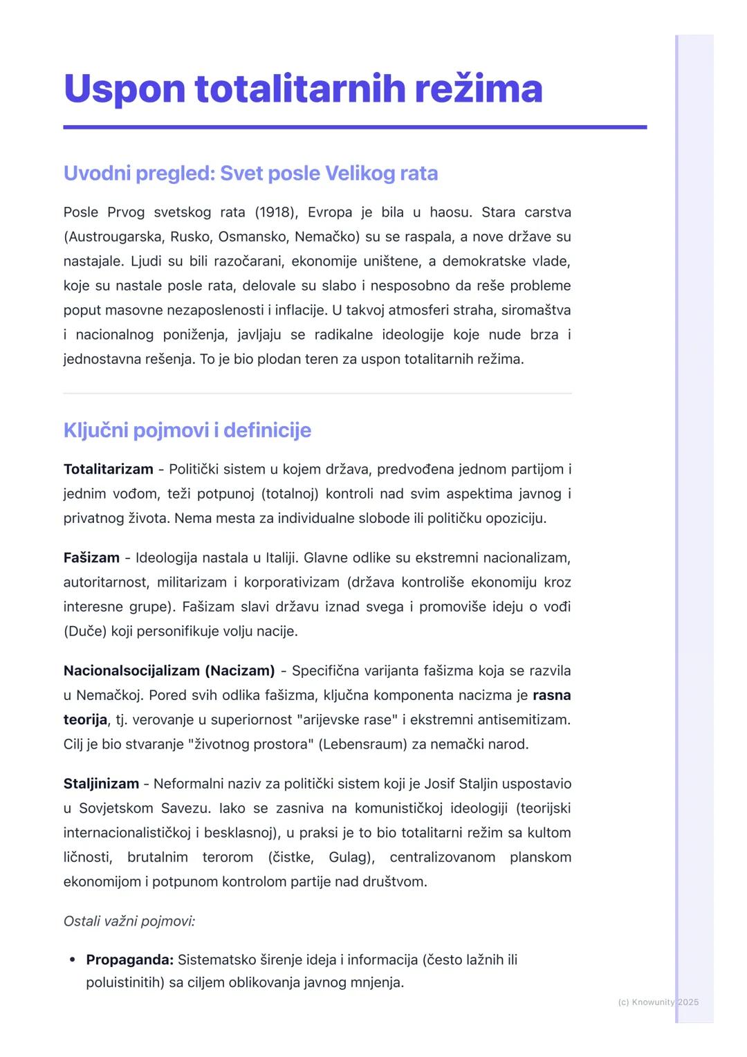 # Uspon totalitarnih režima

Uvodni pregled: Svet posle Velikog rata

Posle Prvog svetskog rata (1918), Evropa je bila u haosu. Stara carstv