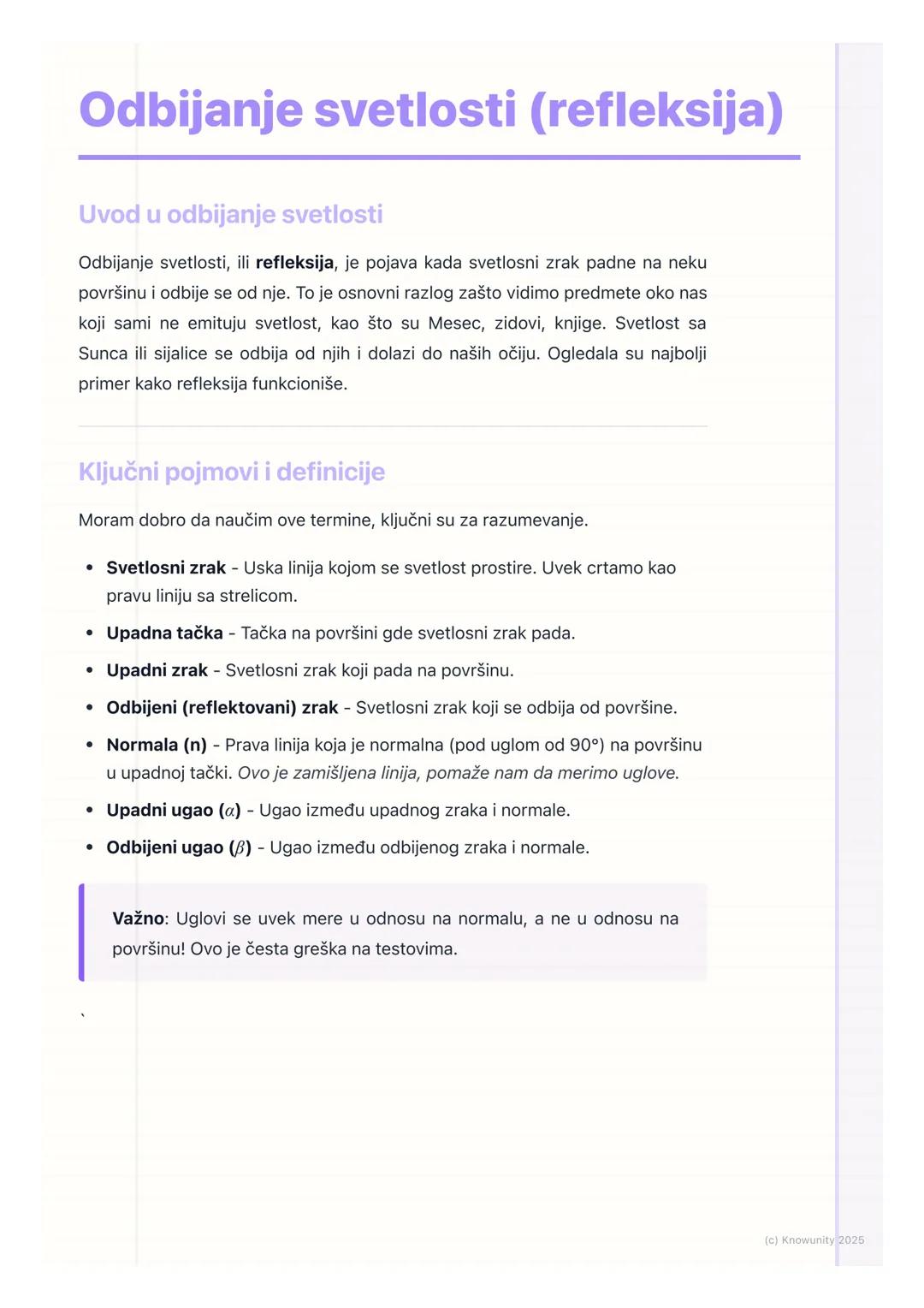 # Odbijanje svetlosti (refleksija)

Uvod u odbijanje svetlosti

Odbijanje svetlosti, ili refleksija, je pojava kada svetlosni zrak padne na 