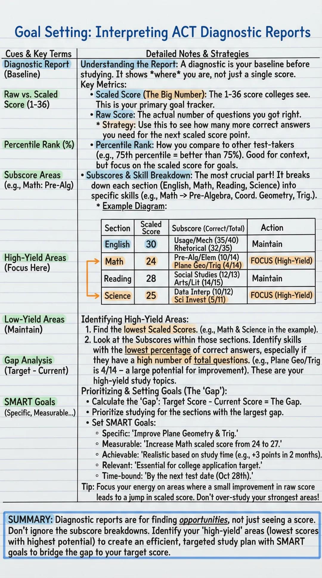 # Goal Setting: Interpreting ACT Diagnostic Reports

| Cues & Key Terms | Detailed Notes & Strategies |
|---|---|
| Diagnostic Report | Unde