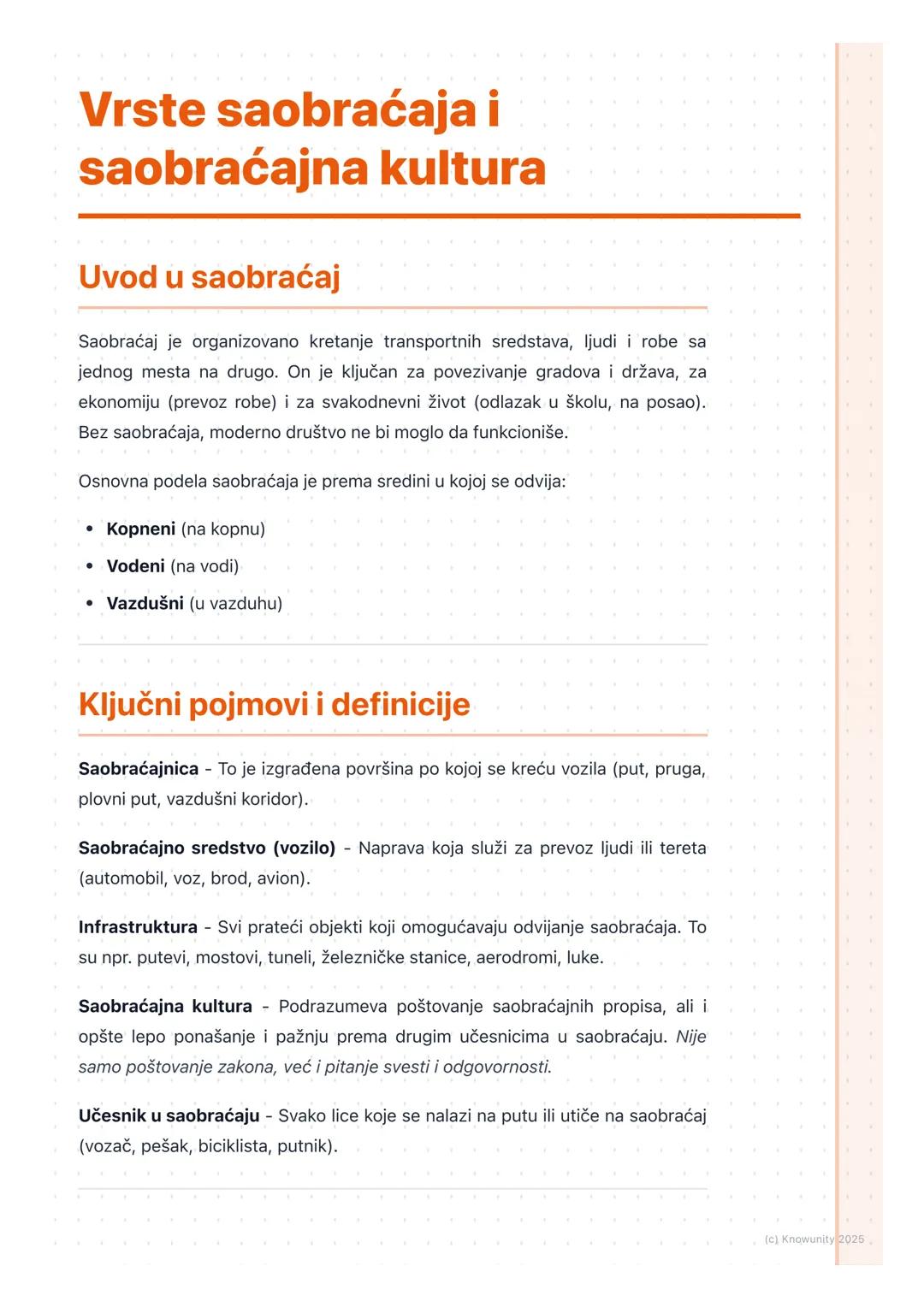 # Vrste saobraćaja i
saobraćajna kultura

## Uvod u saobraćaj

Saobraćaj je organizovano kretanje transportnih sredstava, ljudi i robe sa
je