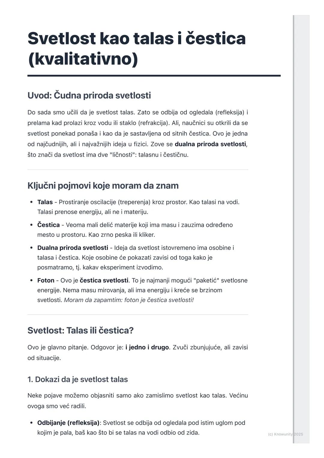 # Svetlost kao talas i čestica
(kvalitativno)

Uvod: Čudna priroda svetlosti

Do sada smo učili da je svetlost talas. Zato se odbija od ogle