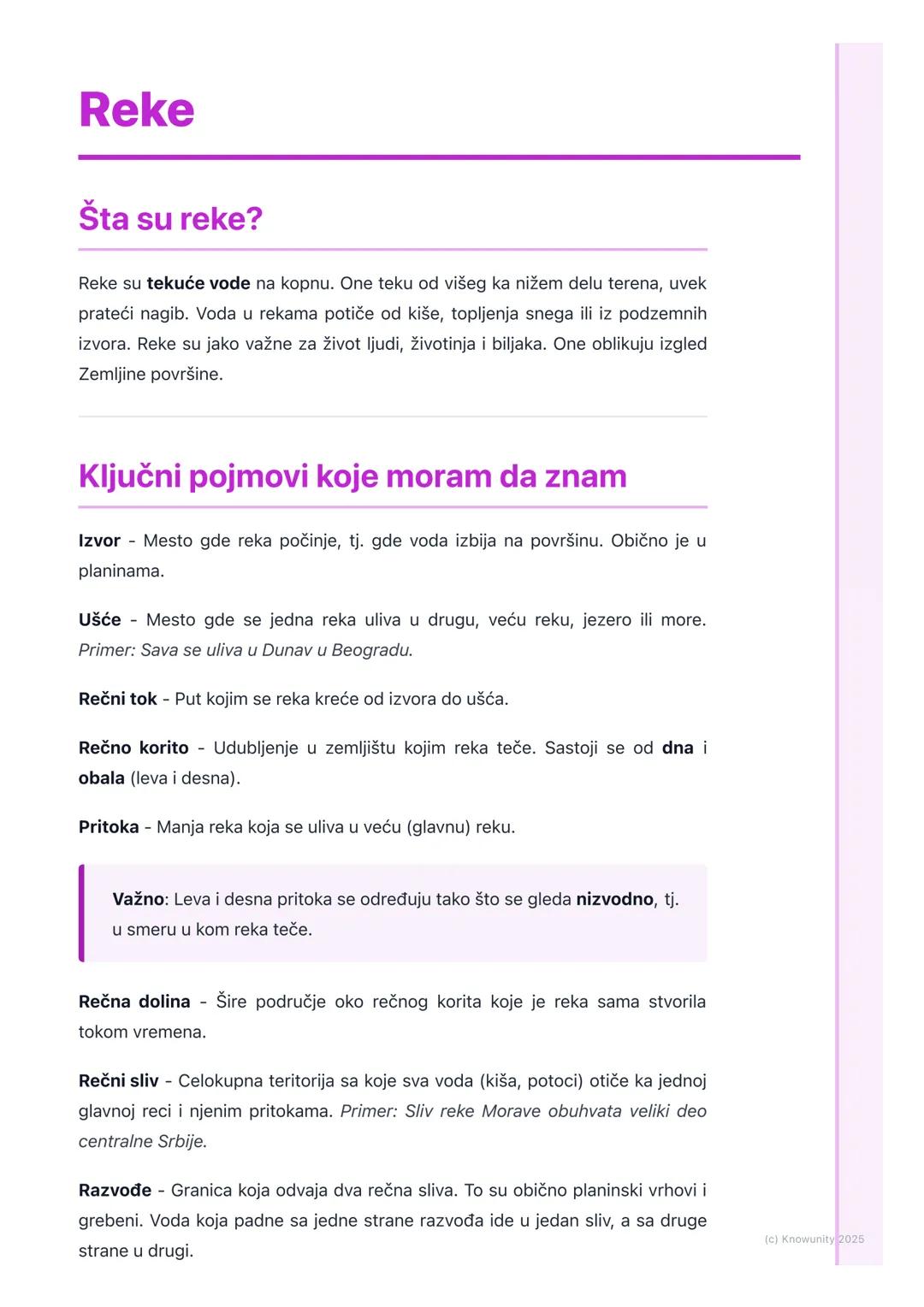 # Reke

## Šta su reke?

Reke su tekuće vode na kopnu. One teku od višeg ka nižem delu terena, uvek
prateći nagib. Voda u rekama potiče od k