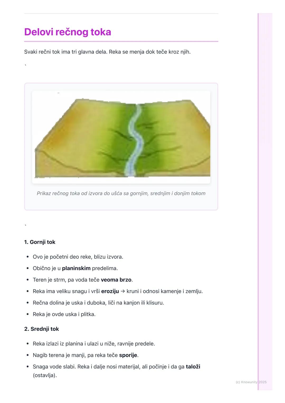 # Reke

## Šta su reke?

Reke su tekuće vode na kopnu. One teku od višeg ka nižem delu terena, uvek
prateći nagib. Voda u rekama potiče od k