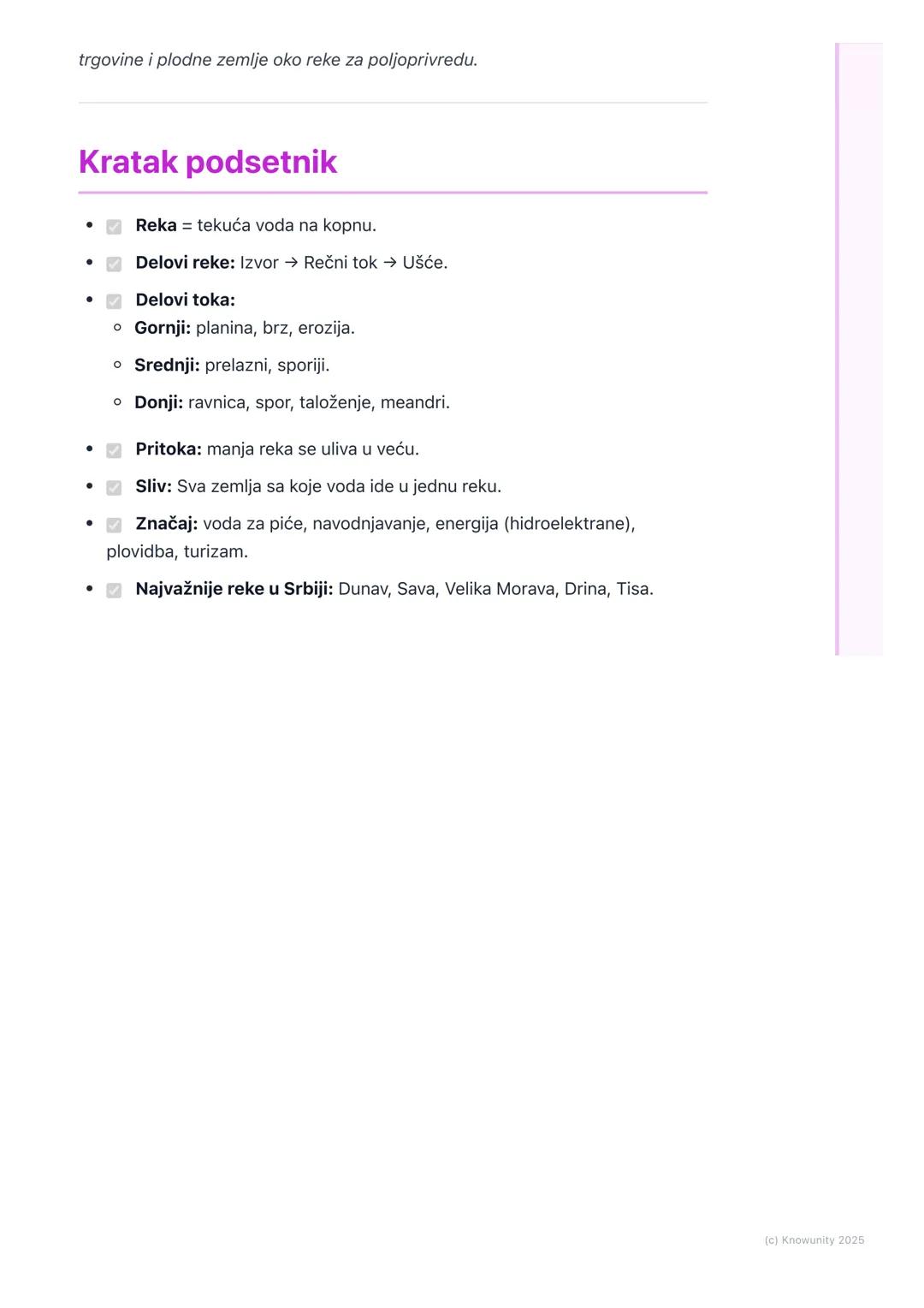 # Reke

## Šta su reke?

Reke su tekuće vode na kopnu. One teku od višeg ka nižem delu terena, uvek
prateći nagib. Voda u rekama potiče od k