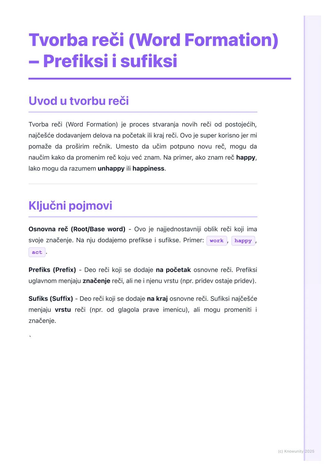 # Tvorba reči (Word Formation)
- Prefiksi i sufiksi

Uvod u tvorbu reči

Tvorba reči (Word Formation) je proces stvaranja novih reči od post